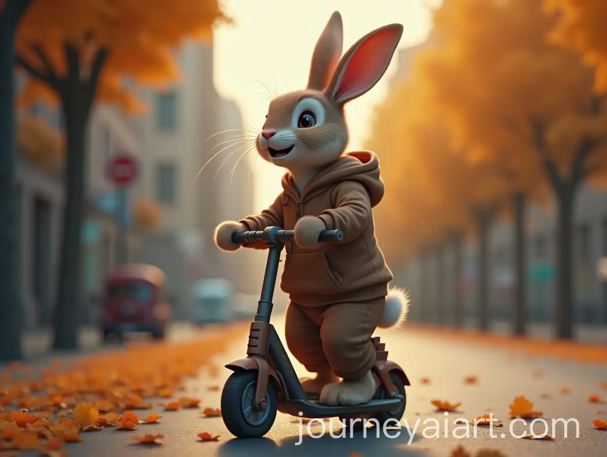 Rabbit-in-Hoodie-Riding-Scooter-on-Urban-Autumn-Street