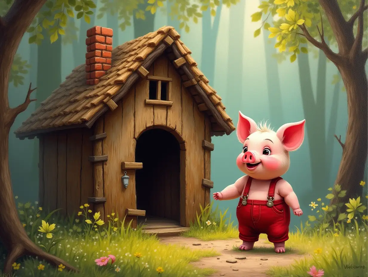 A nice little hut on the edge of the forest. The walls and roof are made of twigs. Next to it stands a nice cheerful piglet in red pants with braces and a red shirt. Oil painting.