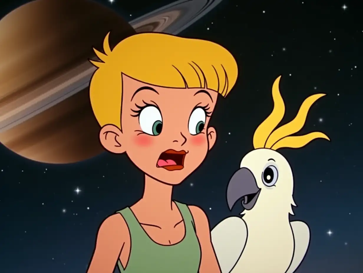 a mischievous blonde girl with a flattop haircut and sparkling eyes, against the background of Saturn with rings, with a cockatoo with two beaks and a gold crest of feathers on her shoulder, in the style of the animated film 'The Mystery of the Third Planet'