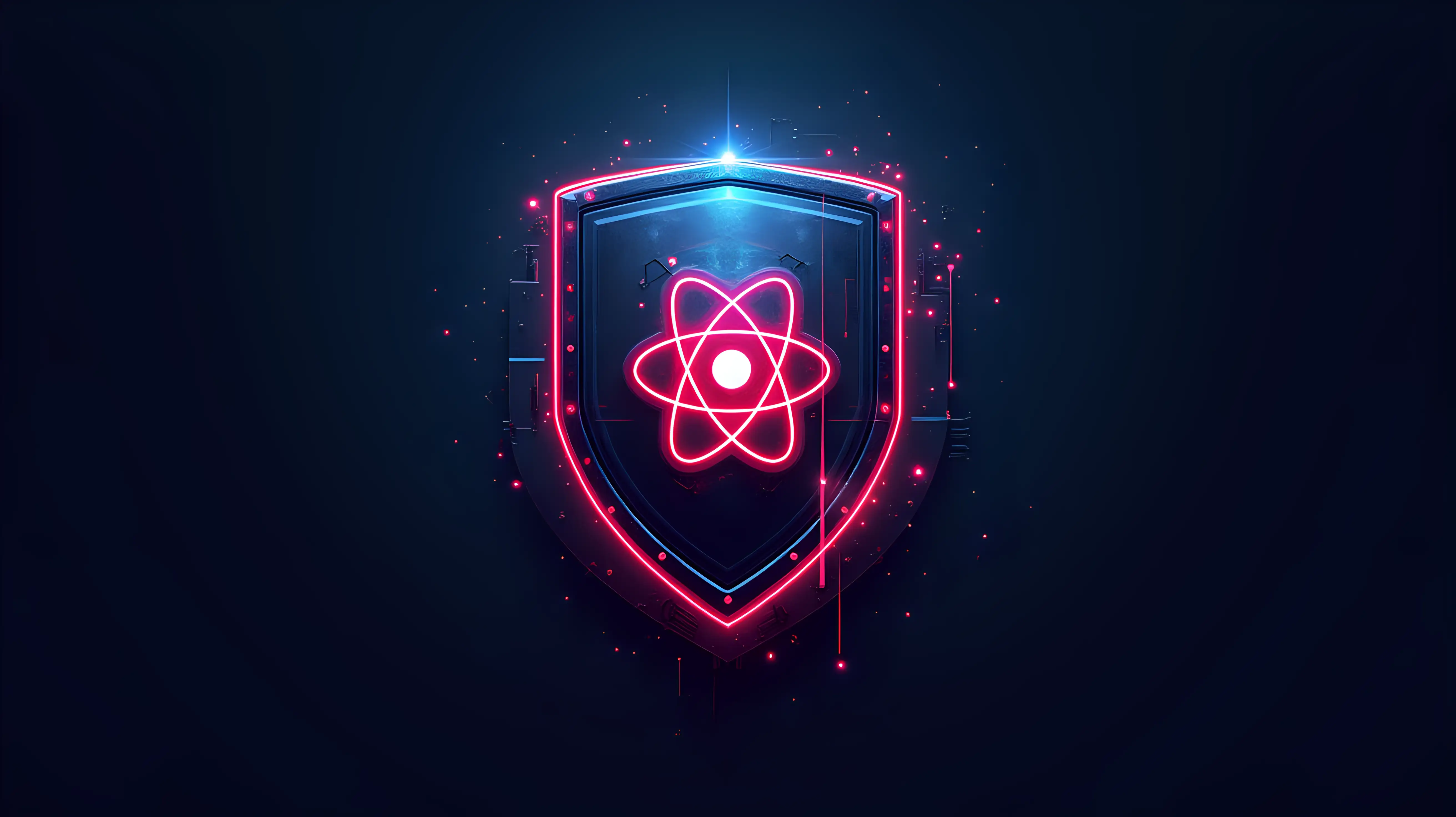 A futuristic logo design featuring a high-tech shield with sleek metallic surfaces and intricate glowing atomic symbols at its center, surrounded by vibrant neon accents, glowing electron orbits and particles integrated into the shield design, subtle tech circuitry patterns engraved in the metal, vivid blue and red neon color palette, dark sci-fi atmosphere, highly detailed, digital illustration