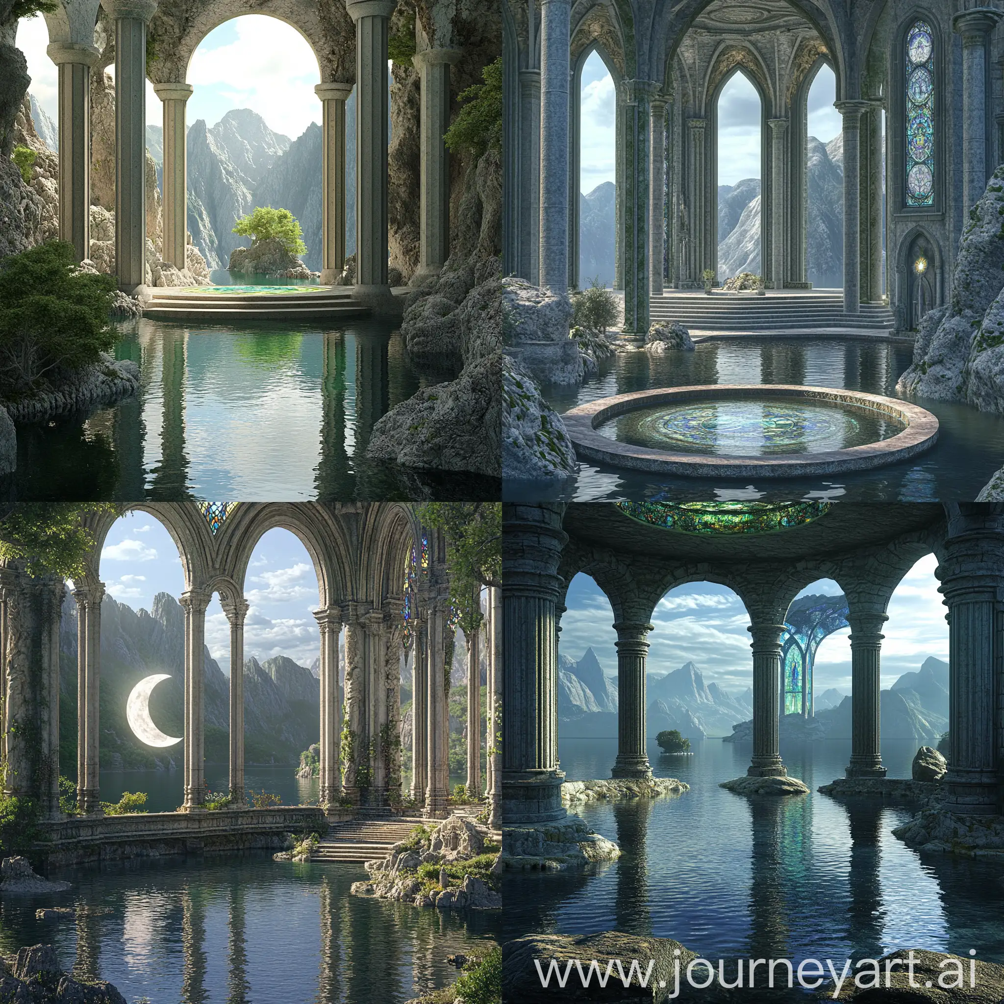 Elven-Temple-of-the-Moon-Goddess-Surrounded-by-Water-and-Stained-Glass-Windows