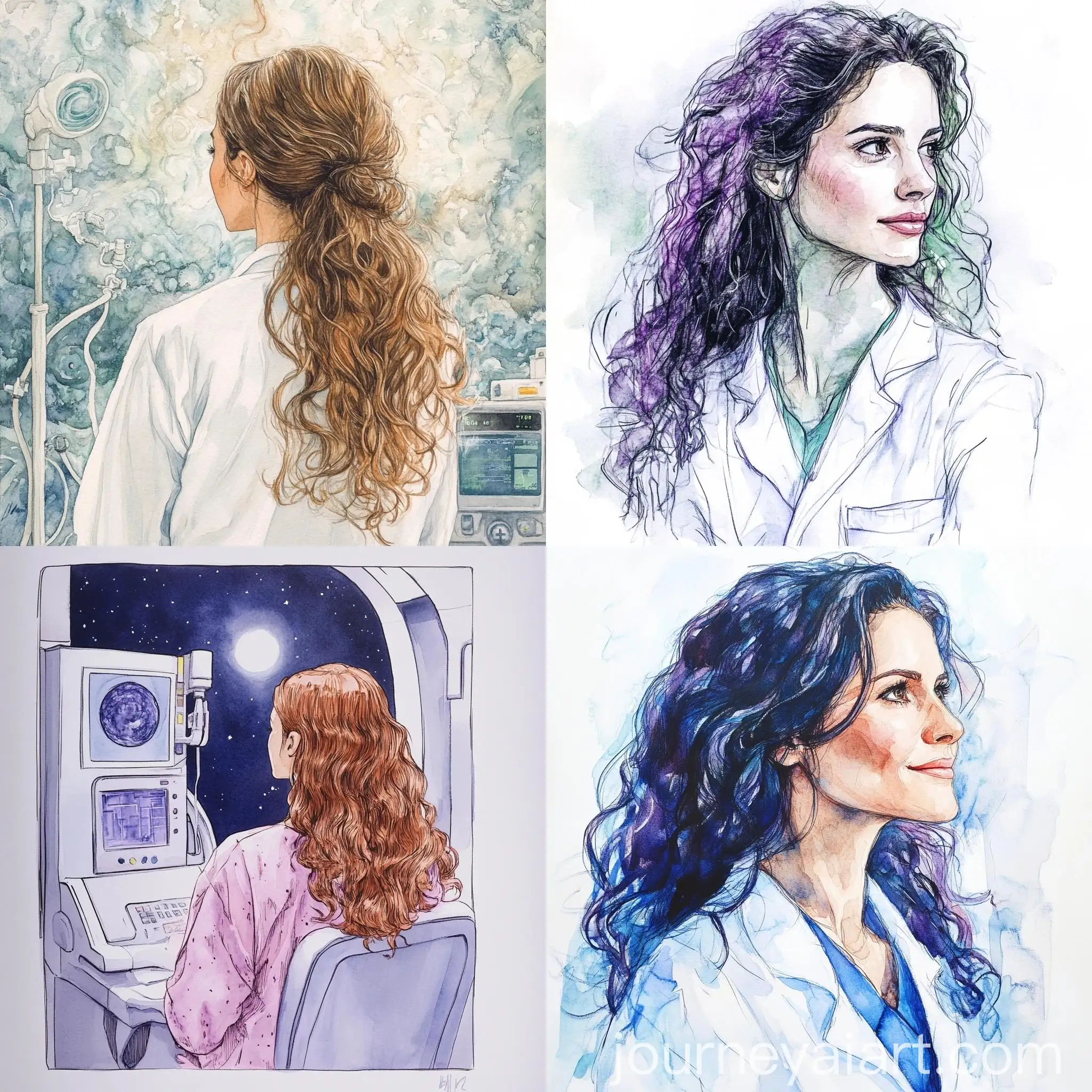 Delicate-Watercolor-Portrait-of-a-Female-Oncologist-with-Curly-Long-Hair