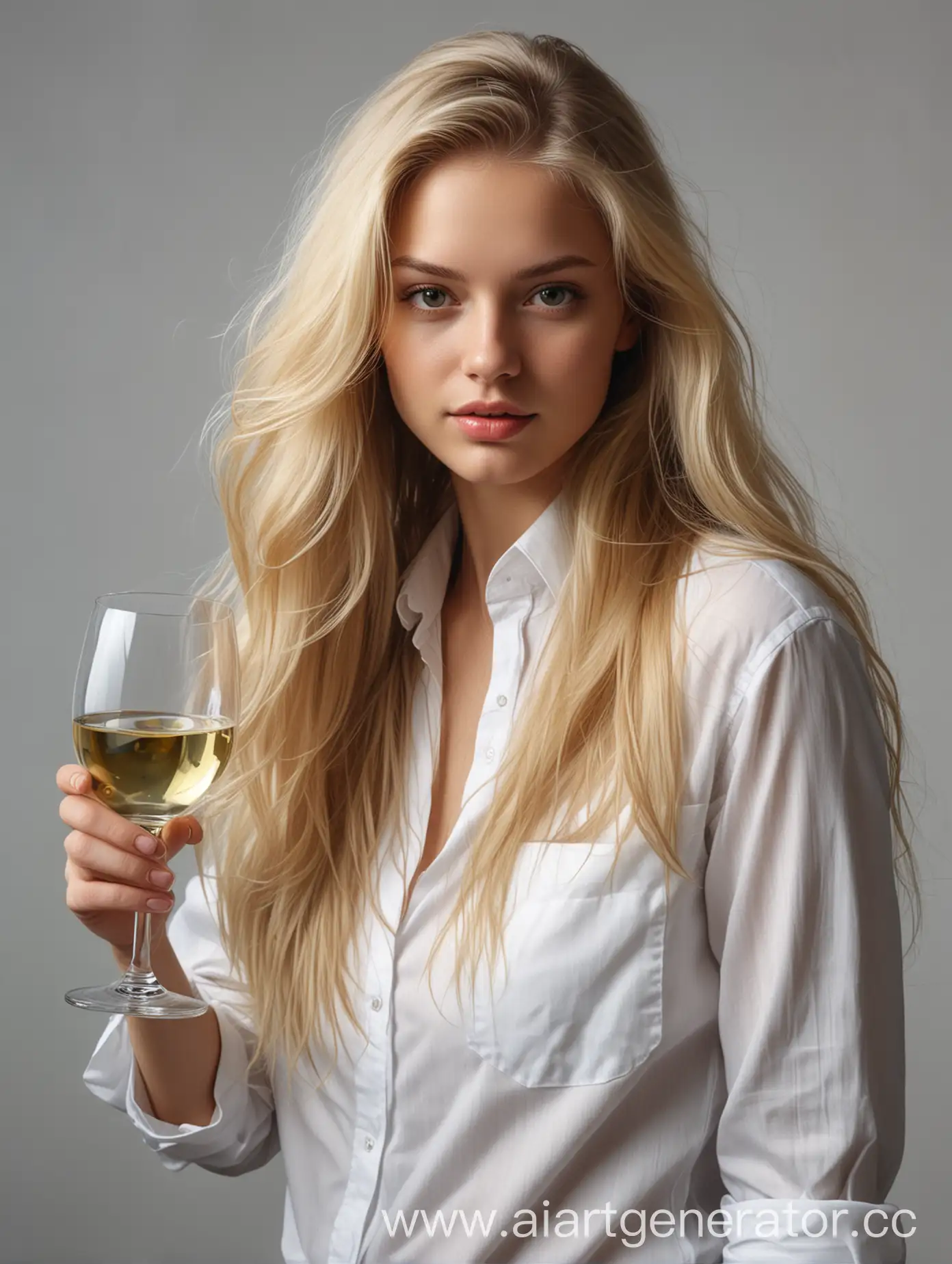 Young blonde girl with long flowing hair  at full heigth in a men's shirt with a glass of white wine photo realism