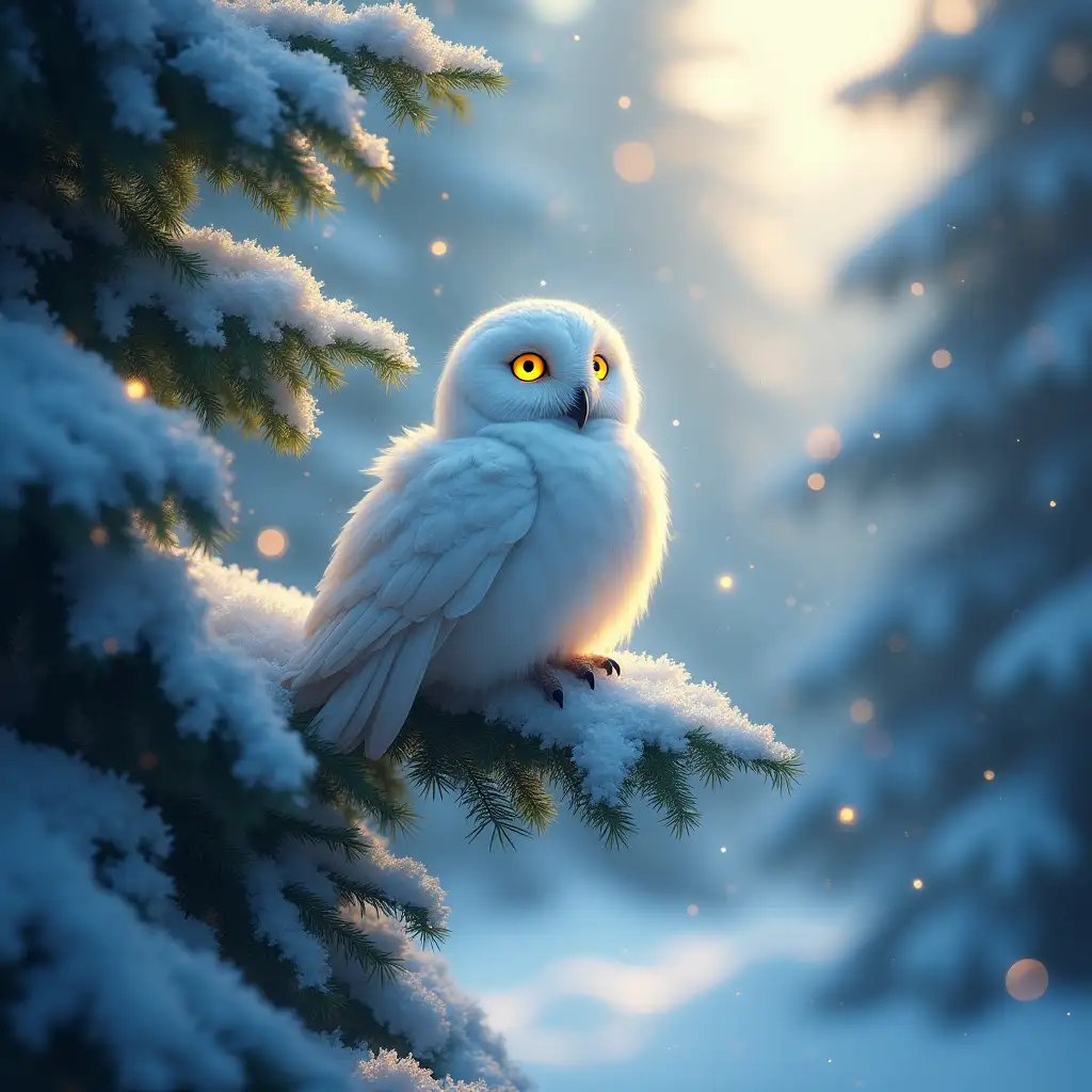 Magical-White-Owl-in-Enchanted-Winter-Forest-with-Sparkling-Snow