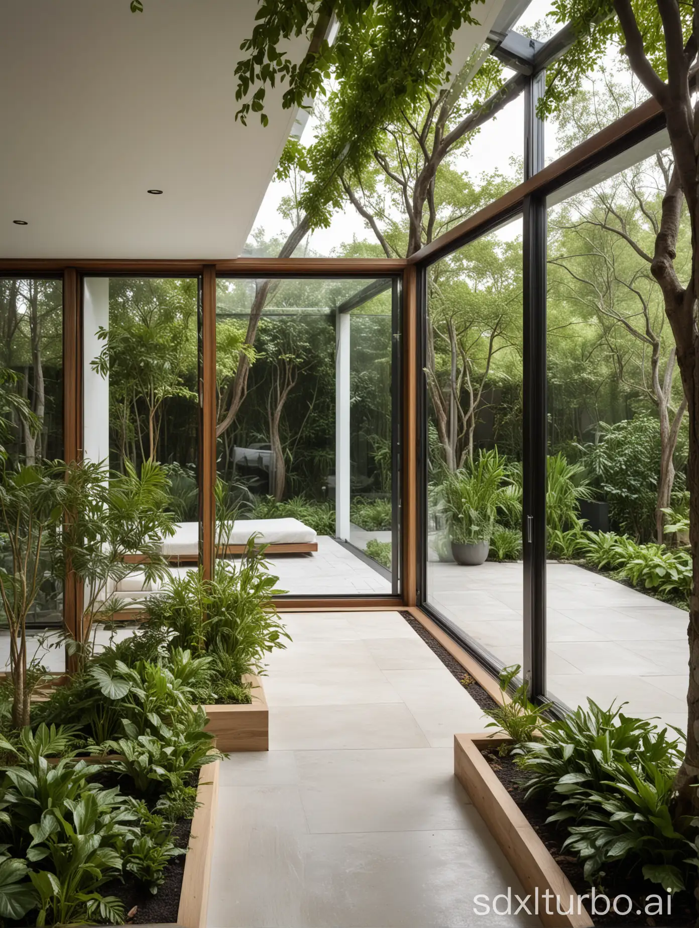 This image of the bedroom of a modern house shows a minimalist architectural style with a unique geometric layout. This structure has large, rectangular frames with rounded edges that create a sleek and modern look. The interior is predominantly white with wood accents and large glass windows that allow natural light to flood the interior. The house is surrounded by lush greenery, including potted plants and small trees, which add a touch of nature to the modern design. The entrance is marked by a clean and straight path leading to a covered area. The overall aesthetic is clean, sophisticated and harmonious with its surroundings