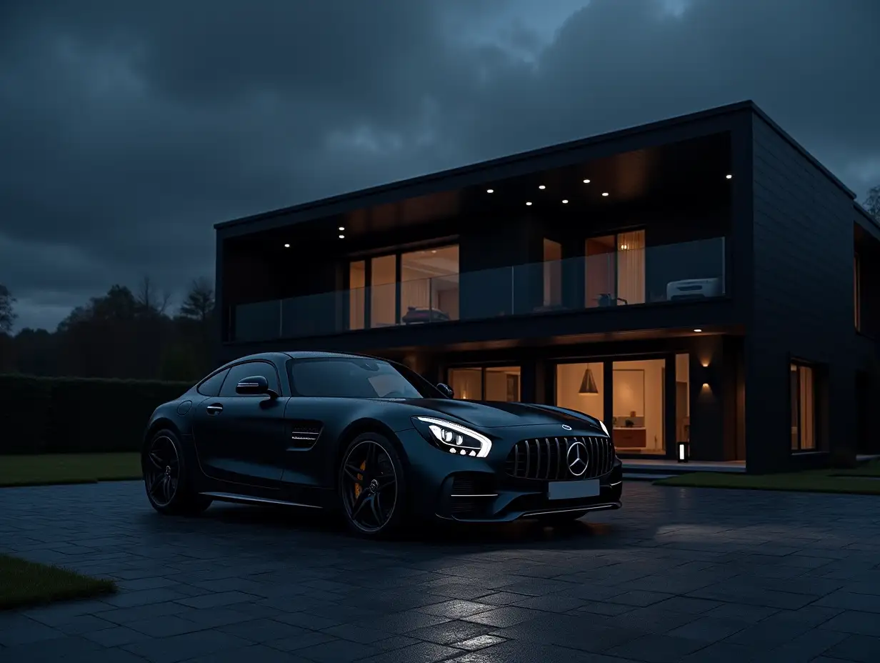 a matt blac mercedes amg GT in front of a black modern mansion, zoomed out, night sky