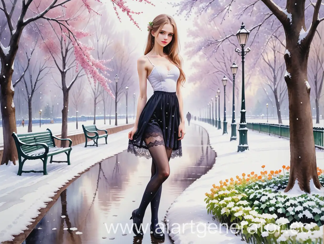 Anorexic-Russian-Beauty-in-Lace-and-Black-Stockings-Amid-Park-Flowering-Snowfall