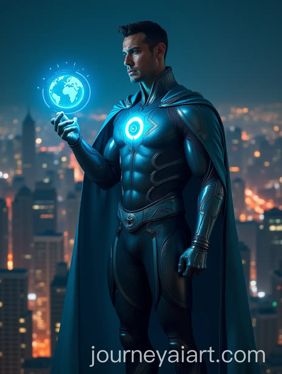 Intellectual-Superhero-Overseeing-Technological-Cityscape