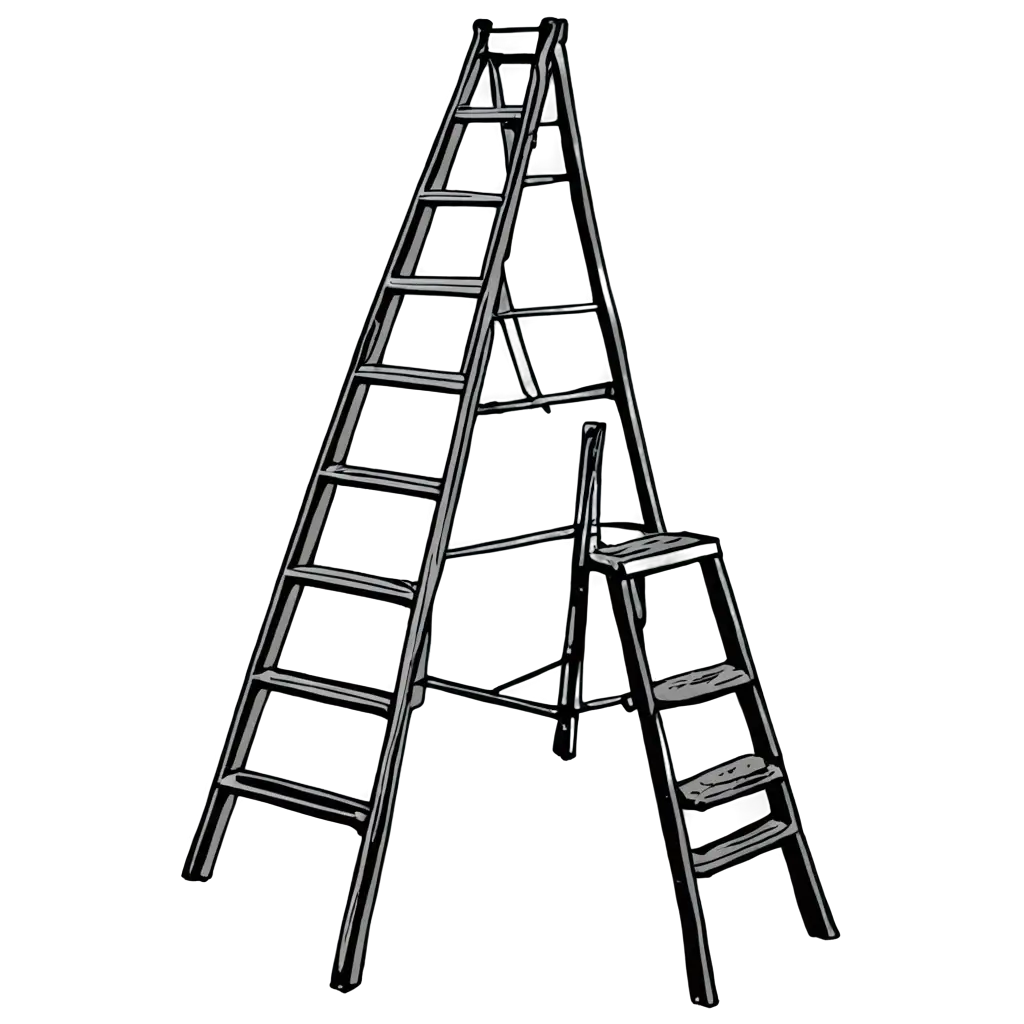 Retro-Black-and-White-PNG-Image-of-a-Man-with-Wooden-Ladder-Line-Drawing-Concept