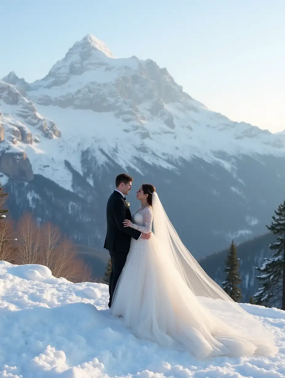 wedding picture at snow mountain with big palace