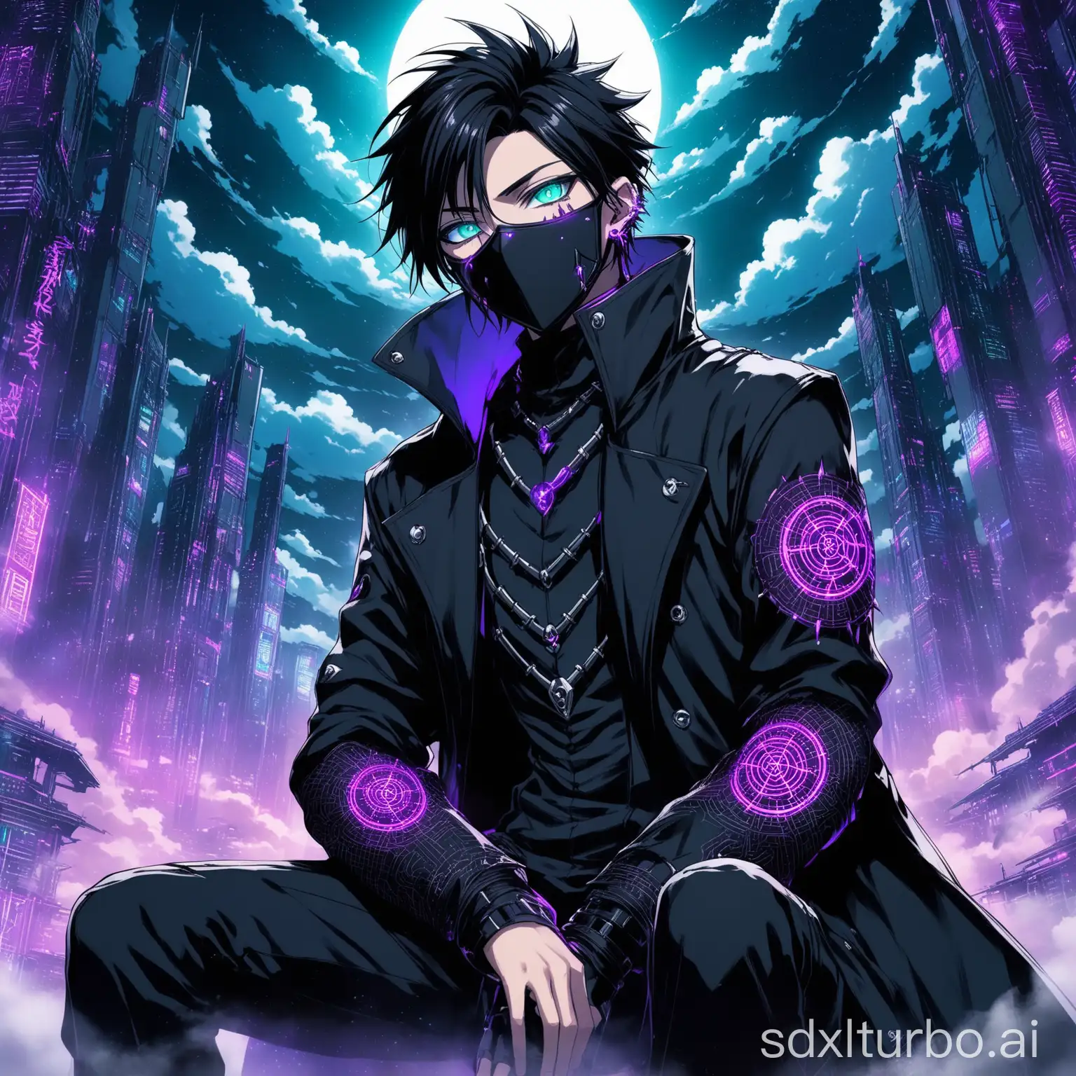 * A mysterious, masked anime boy with piercing blue eyes and spiky black hair, dressed in a dark, futuristic outfit with neon accents.n* A brooding, handsome young man with an androgynous face, surrounded by swirling clouds of mist and darkness, with glowing purple eyes that seem to see right through you.n* A charismatic, enigmatic figure with short, silver hair and piercing green eyes, wearing a long, black coat with intricate, mystical symbols embroidered on the sleeves.n* A quiet, introspective anime boy with messy, black hair and expressive, brown eyes, sitting in a dimly lit, cyberpunk-inspired cityscape with holographic screens and neon lights.