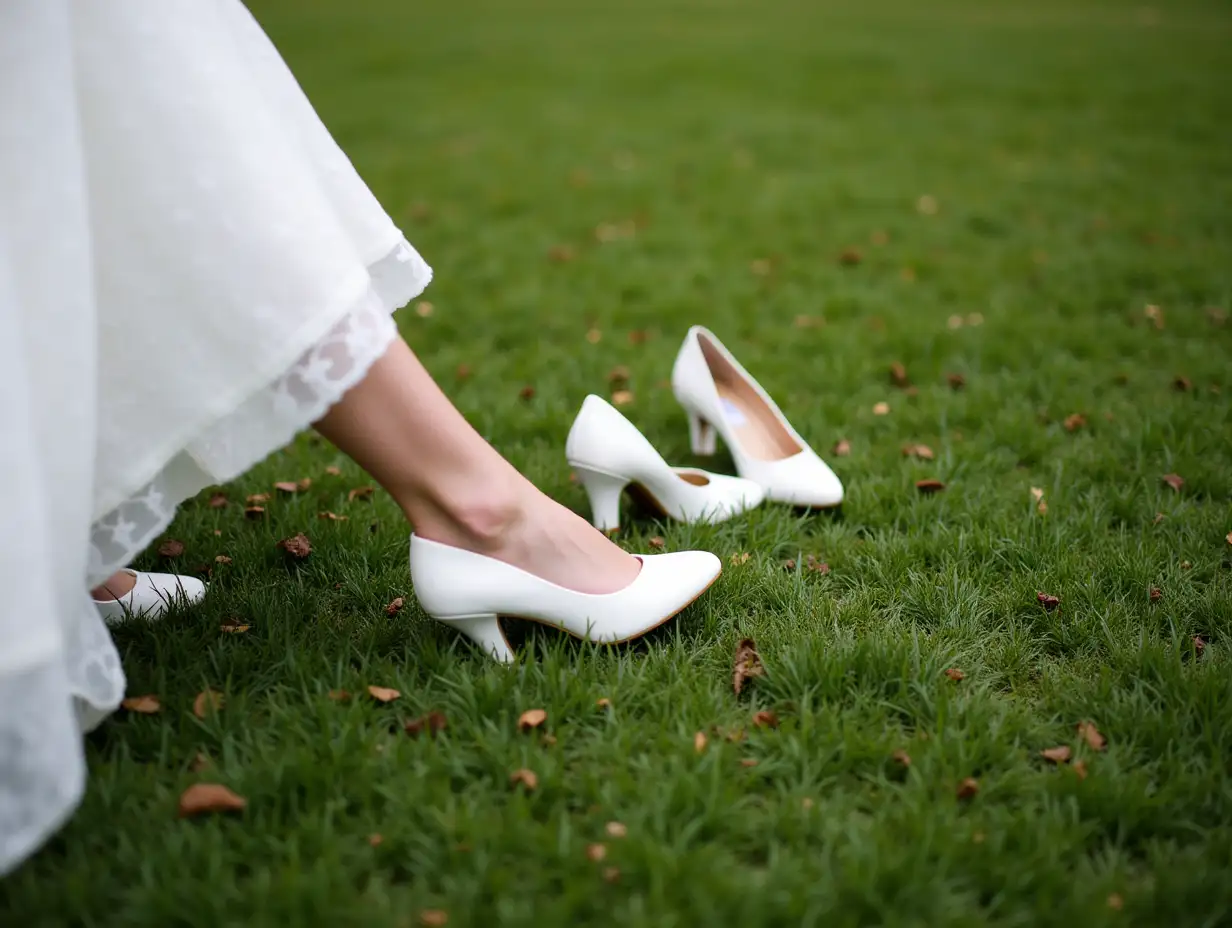 Woman-SlippingBridal-Pumps-on-Grass-Into-Bridal-Pumps-on-Grass-with-Barefoot-Foot