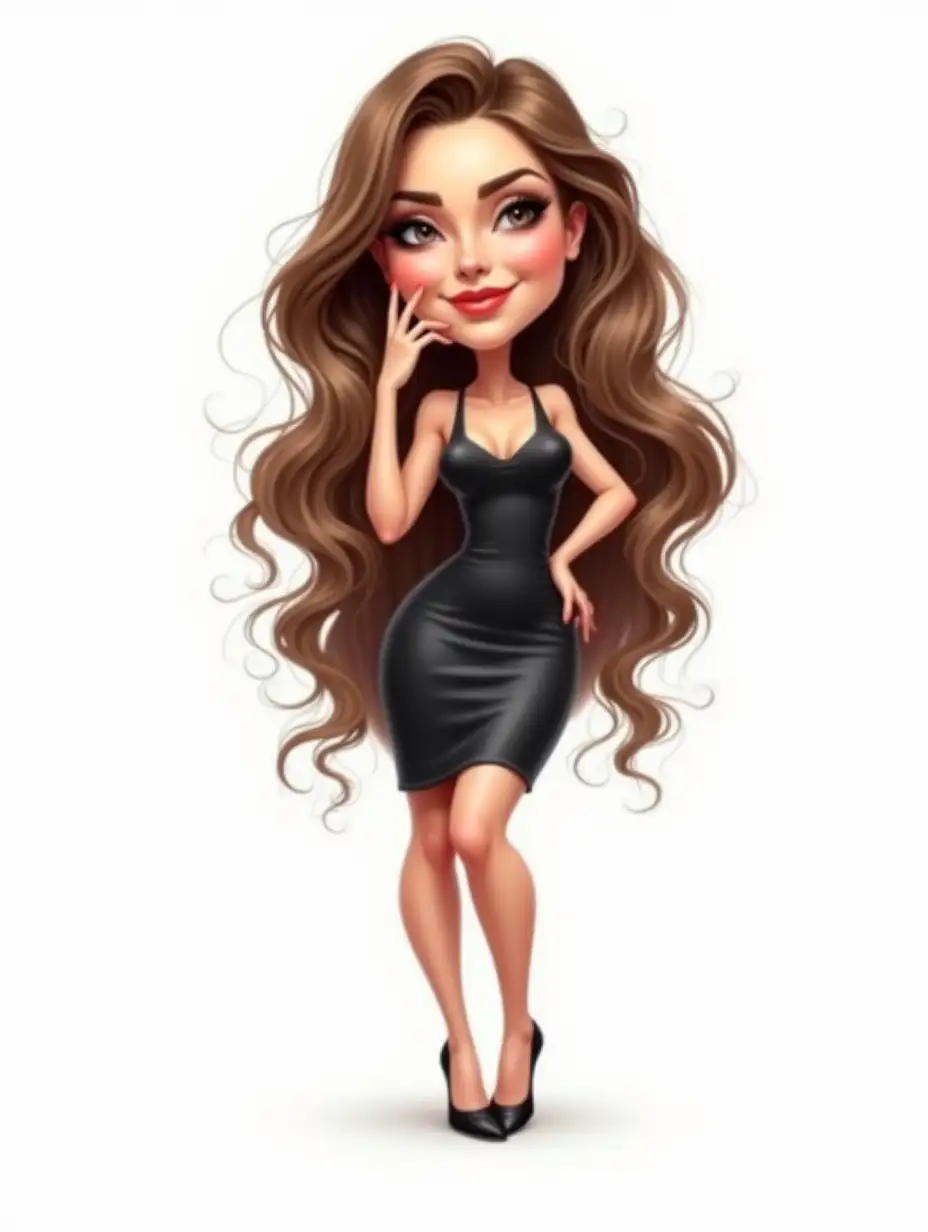 Caricature, realism.Stylish illustration of self-confident woman (big head) with long hair covering her body instead of clothes. She stands in a playful pose, propping her cheek with one hand and placing the other on her hip. She is wearing elegant high-heeled shoes, and the design emphasizes her elegant and fashionable image. The background is pure white, allowing you to fully focus on the character.