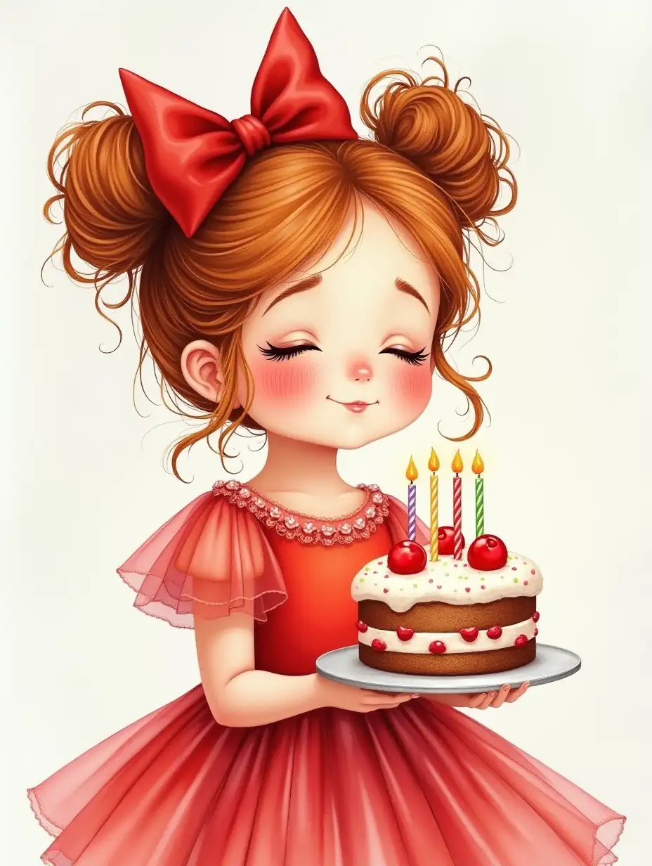 photorealistic airy realistic watercolor, photorealism, wide strokes, tender little girl portrait, European appearance DreamWorks reddish curls gathered in careless buns, drawing of eyelashes, closed eyes, rosy cheeks freckles, a big red bow on her head, dressed in red fluffy airy dress with sequins, complex angle.holding a cake with candles, watercolor, ink, beautiful, 4k, high detail