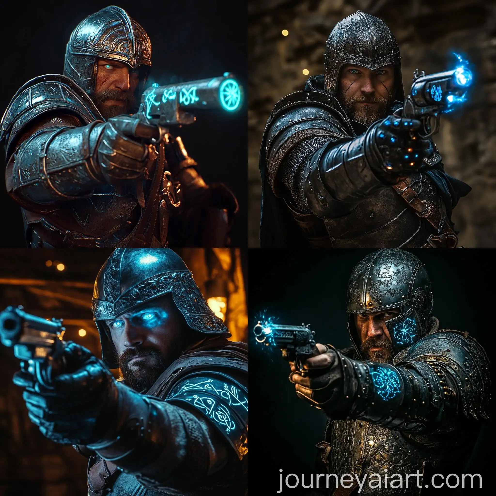 Medieval-Warrior-in-HalfPlate-Armor-Aiming-with-Glowing-Blue-Rune-Pistol