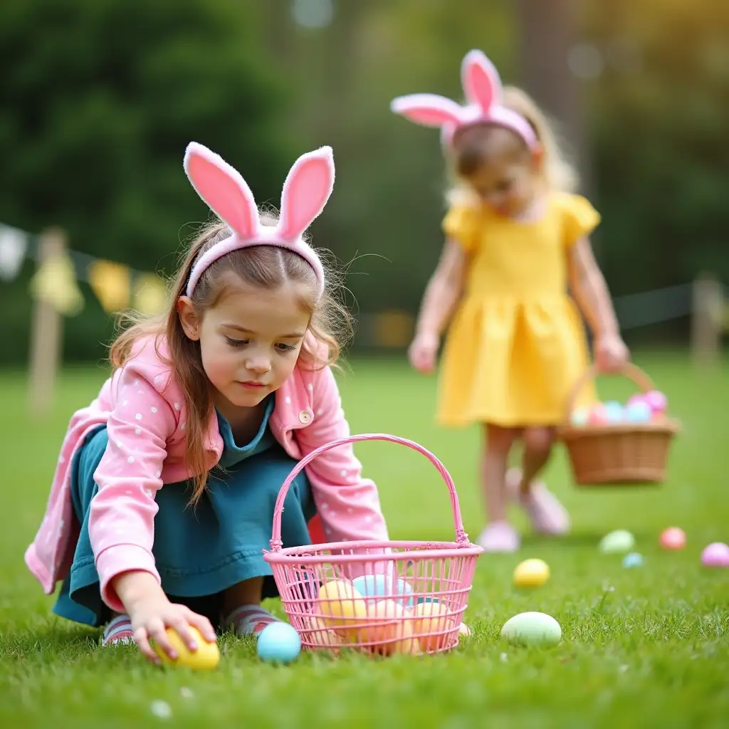 Easter theme, shown in a high-resolution photo,Two 13-year-old young girls are enjoying an outdoor Easter egg hunt on a lush lawn. The girl in the foreground, wearing a pink jacket with white polka dots and a blue dress underneath, sports pink bunny ear headbands. She is kneeling down, her hand reaching out to pick up a yellow Easter egg, and beside her is a pink wire basket filled with colorful Easter eggs. In the background, another girl dressed in a yellow dress also has pink bunny ear headbands on, and she is standing while holding a wicker basket that contains some Easter eggs. Scattered around them on the grass are various other Easter eggs in different colors, along with some yellow decorative flags, and the background is softly blurred with greenery, creating a cheerful and festive atmosphere.real, delicate.