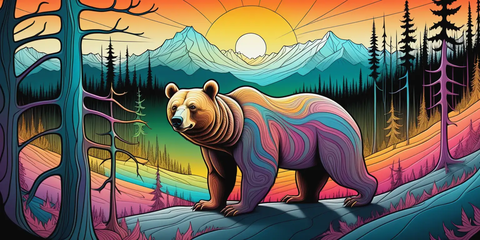 Surreal Bear in Alaskan Forest at Sunset