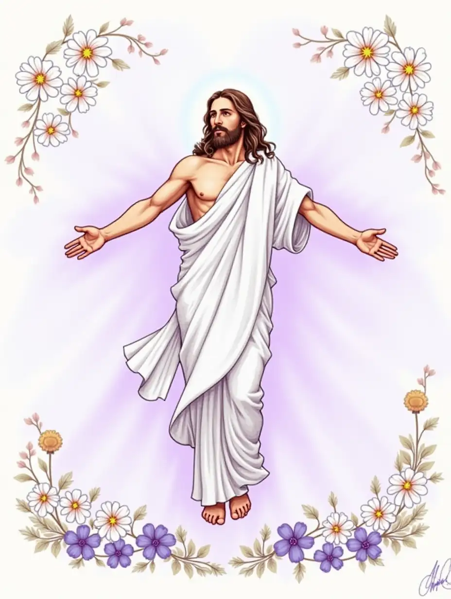 Watercolor-Painting-of-RisenAI-Art-Prompt-Expansion-Christ-with-Outstretched-Arms-Surrounded-by-Floral-Border