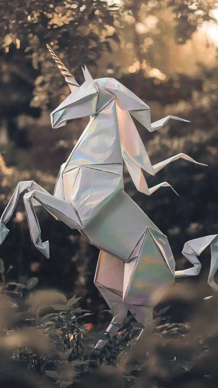 A full-body shot of a magnificent origami unicorn, rearing up on its hind legs, mane and tail flowing dynamically. The unicorn is crafted from iridescent white paper, with a spiraling golden horn. The background is a mystical forest with dappled sunlight filtering through the leaves. The style is majestic and ethereal, capturing the mythical essence of a unicorn. Lighting: Soft, golden hour lighting, creating a magical glow. Camera: Wide-angle lens, medium depth of field, low angle to emphasize size. --ar 16:9 --zoom 1.1 --v 5 --style fantasy