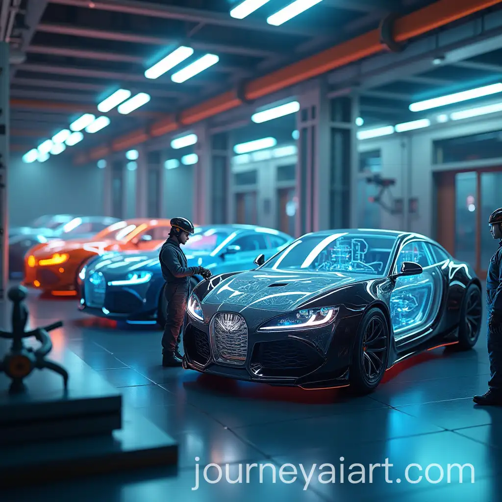 FuturisticAI-Image-Prompt-Expansion-Automotive-Repair-Workshop-with-Tiny-Mechanics-and-Hovering-Components