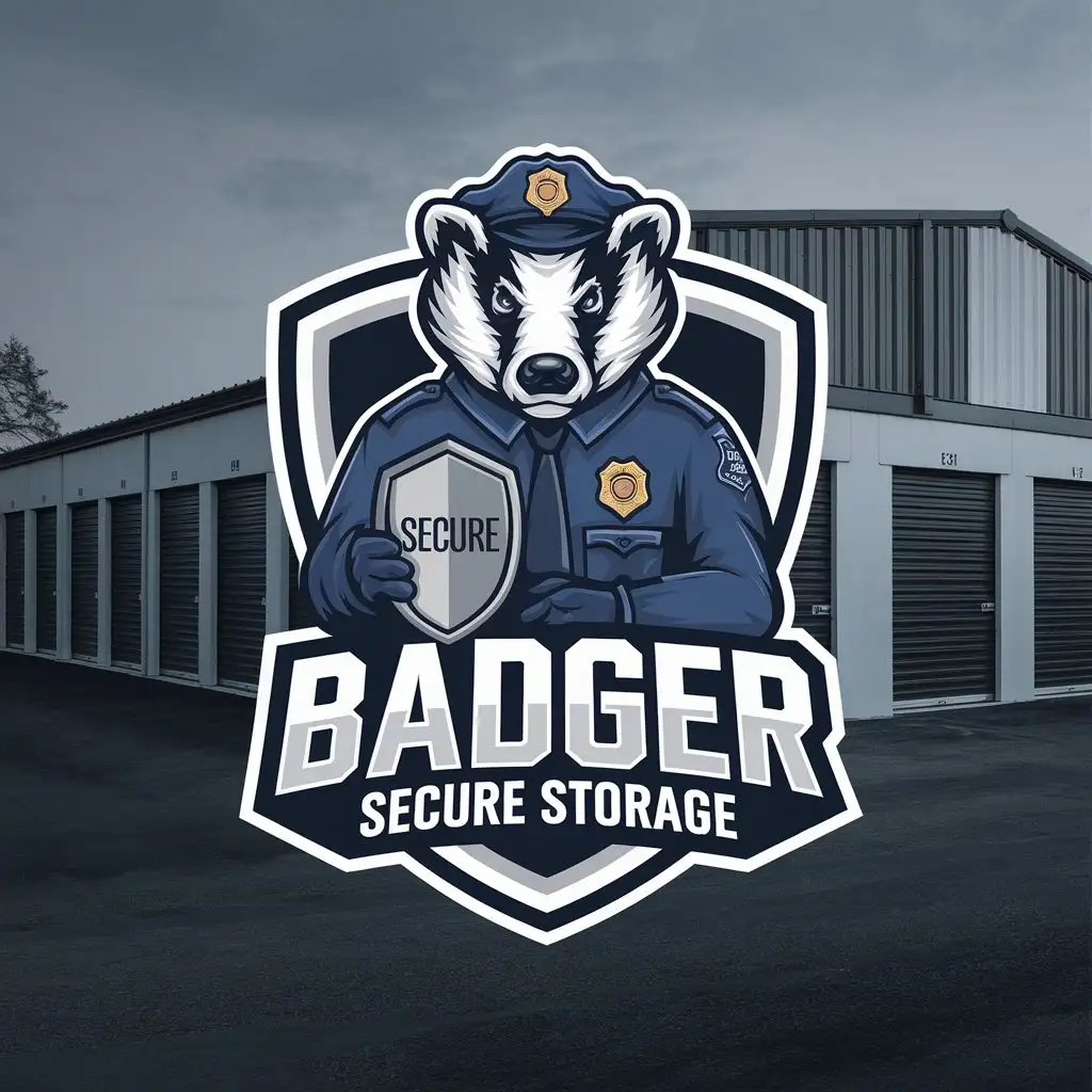 LOGO Design for Badger Secure Storage Fun Professional Building with Animated Mini Storage Units and Badger in Police Uniform Theme