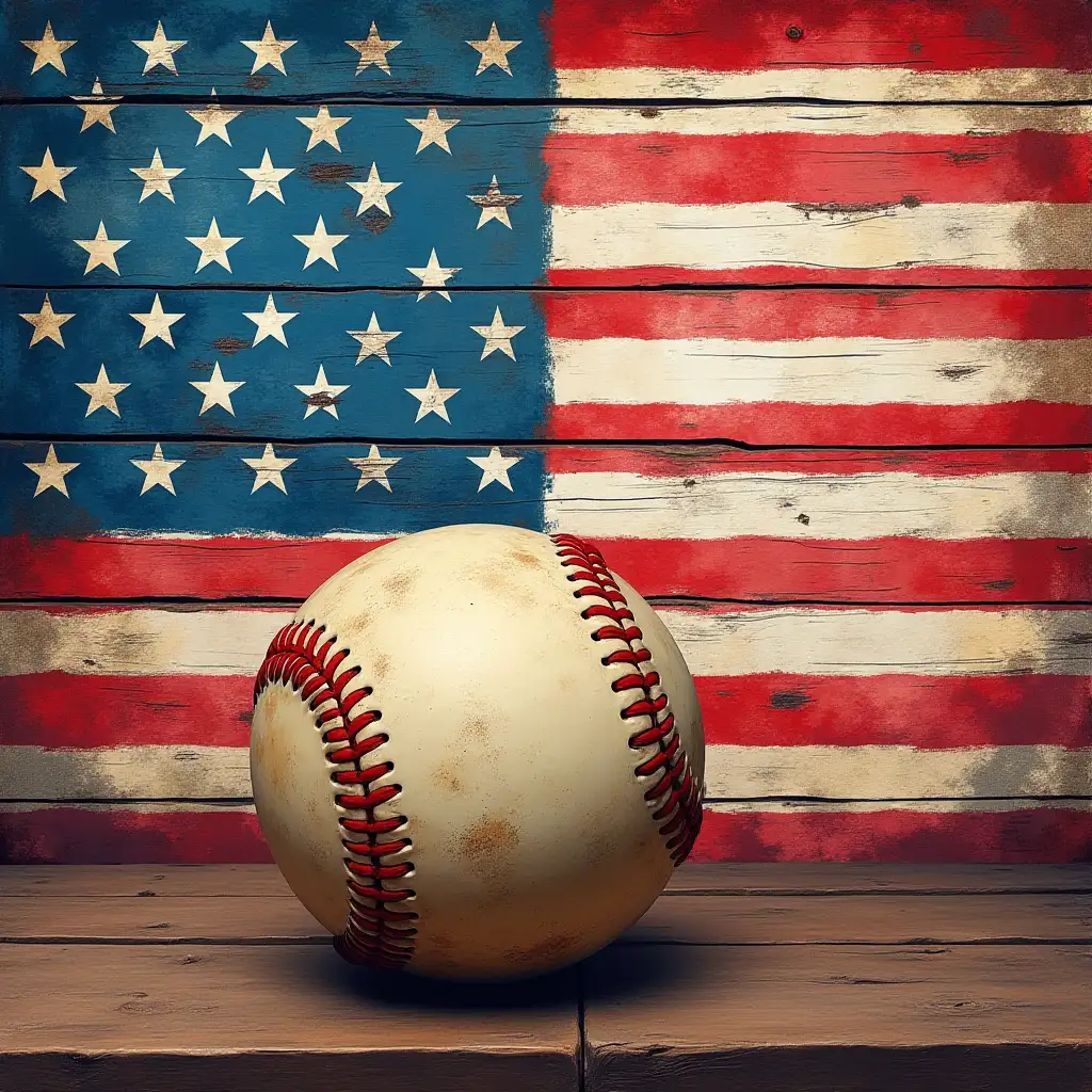 A rustic American flag painted on a wooden background with a large, weathered baseball in the foreground. The flag has a distressed texture, and the baseball appears slightly aged with visible stitching details. The overall look is vintage and patriotic. Watercolor, neon, seamless