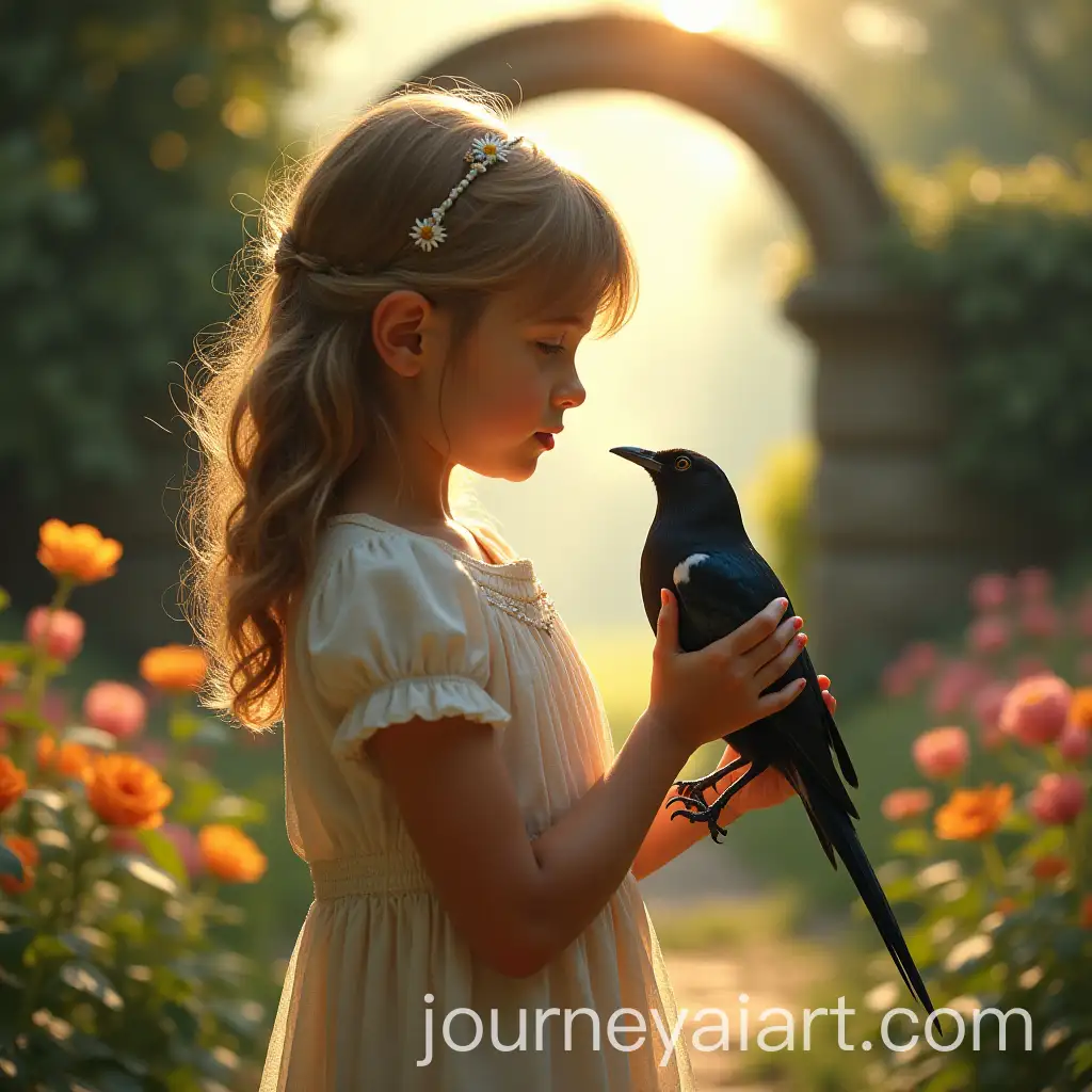 Young-Girl-Holding-Magpie-in-Garden-with-Stone-Arch-and-Flowers