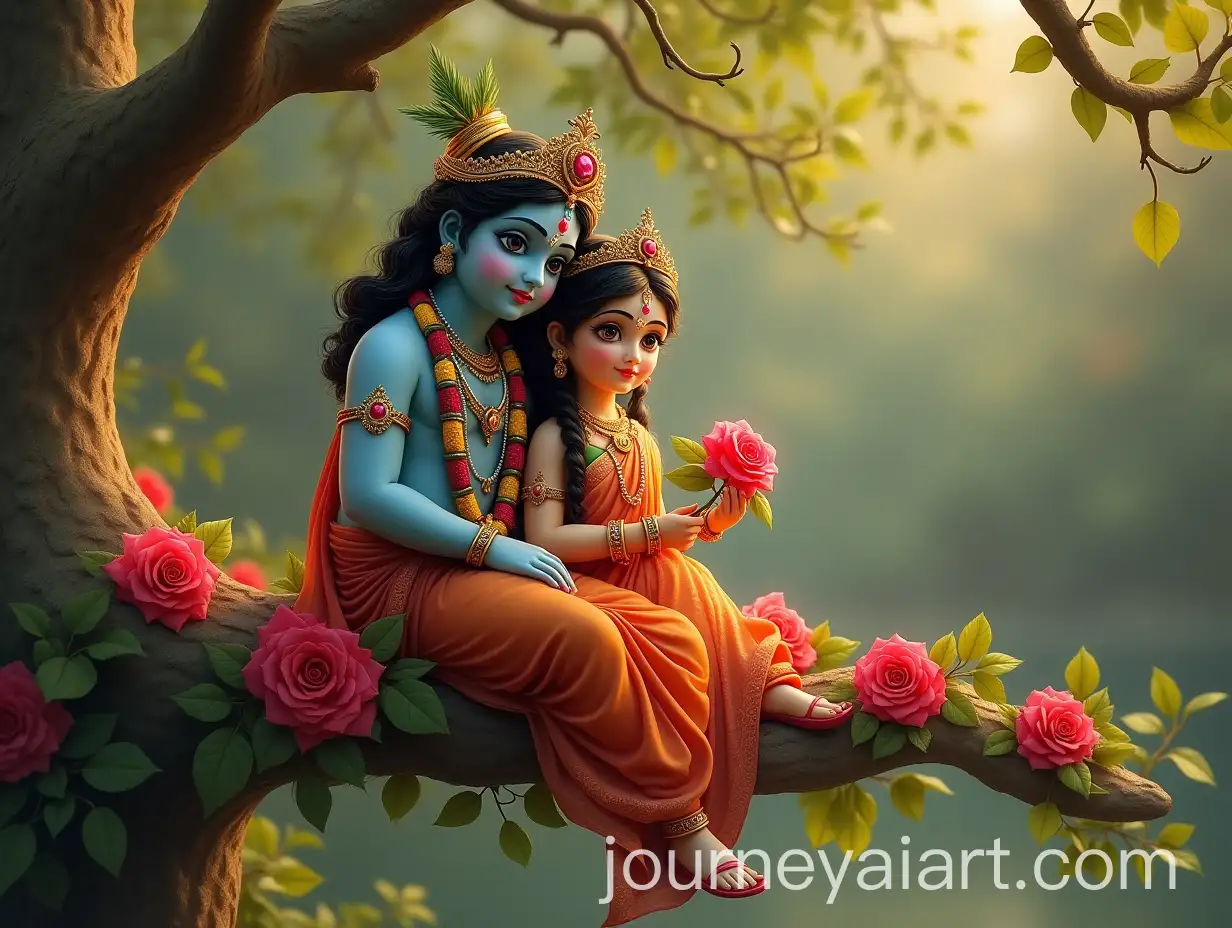 Goddess-Radha-Sitting-on-a-Tree-Branch-with-a-Rose-in-a-Serene-Natural-Setting