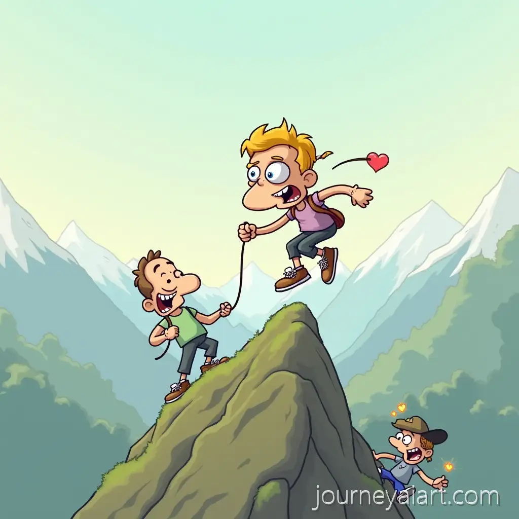 Cartoon-Illustration-of-a-Little-Stressed-Man-Helping-Others-Climb-a-Mountain