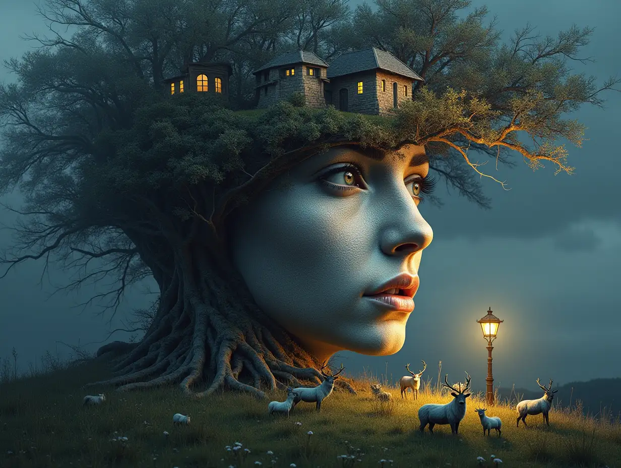 Face with hair transformed into a building with silver stone and illuminated trees with roots and lamp on a meadow with animals