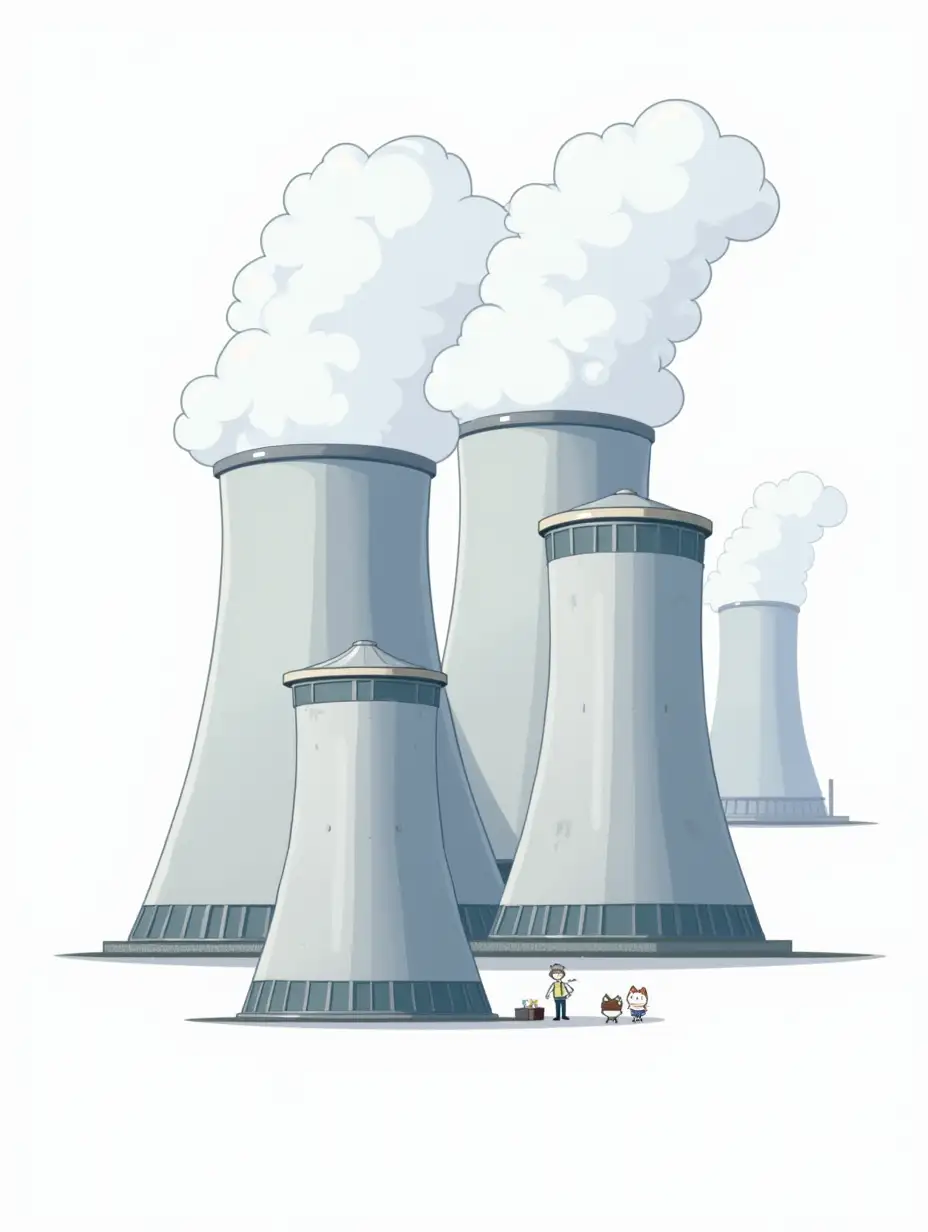 isometric vector sticker:  two cylindrical  industrial buildings of silver color with cylindrical roofs on top, behind them 3 large cooling towers of light gray-silver color, clouds rise from the cooling towers. There are small white cats in office clothes nearby. The overall image mimics the appearance of a cut-out laminated sticker, the sticker is bright in the anime style. The overall image mimics the appearance of a cut-out laminated sticker, the sticker is bright in the anime style.  die cut sticker design top-view, high resolution, vector art,  white background, paint in anime style