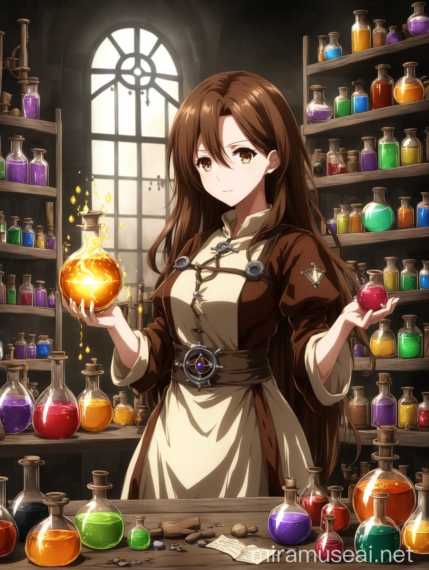 Anime Alchemist Woman Mixing Potion in Workshop