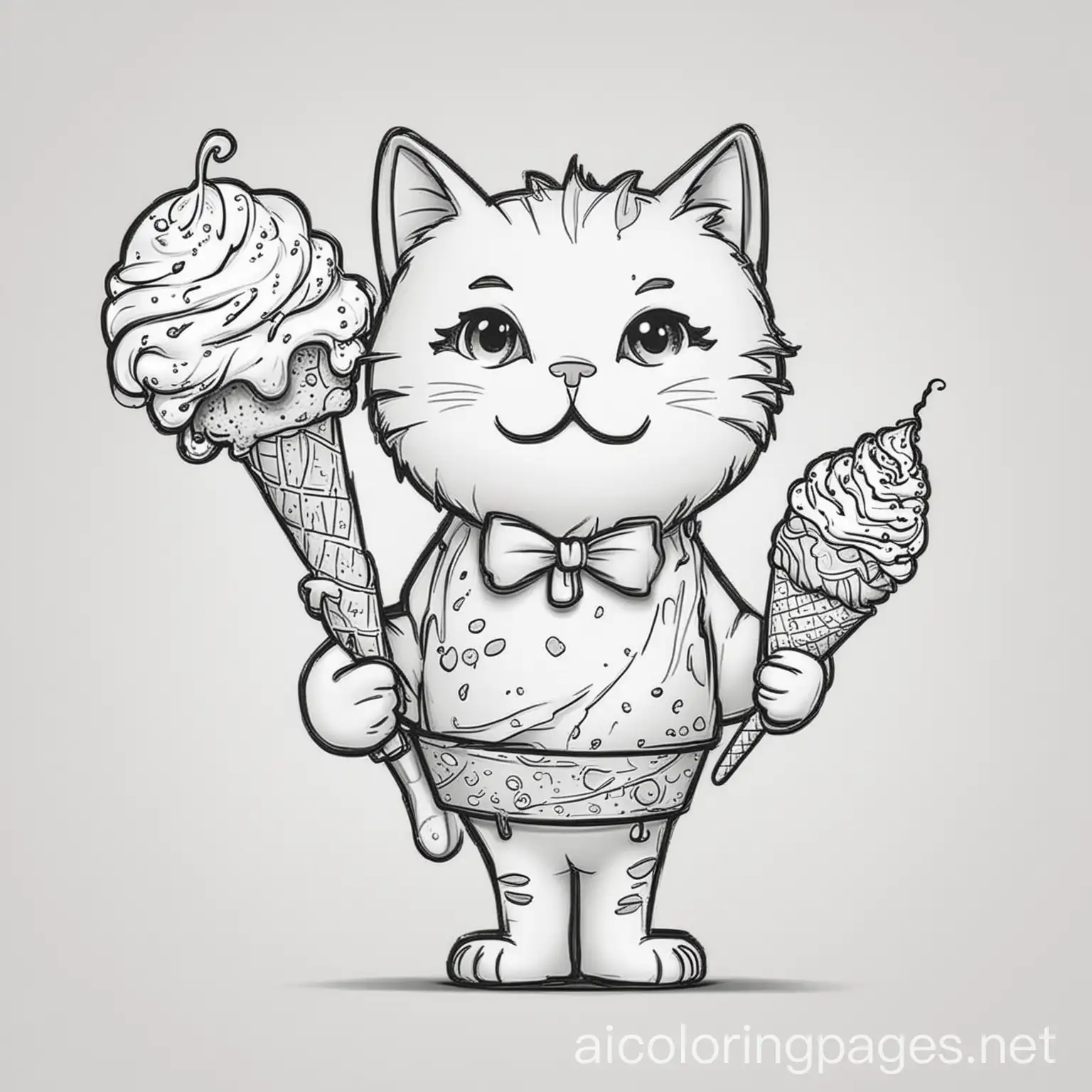 Cartoon Cat with ice cream, Coloring Page, black and white, line art, white background, Simplicity, Ample White Space. The background of the coloring page is plain white to make it easy for young children to color within the lines. The outlines of all the subjects are easy to distinguish, making it simple for kids to color without too much difficulty