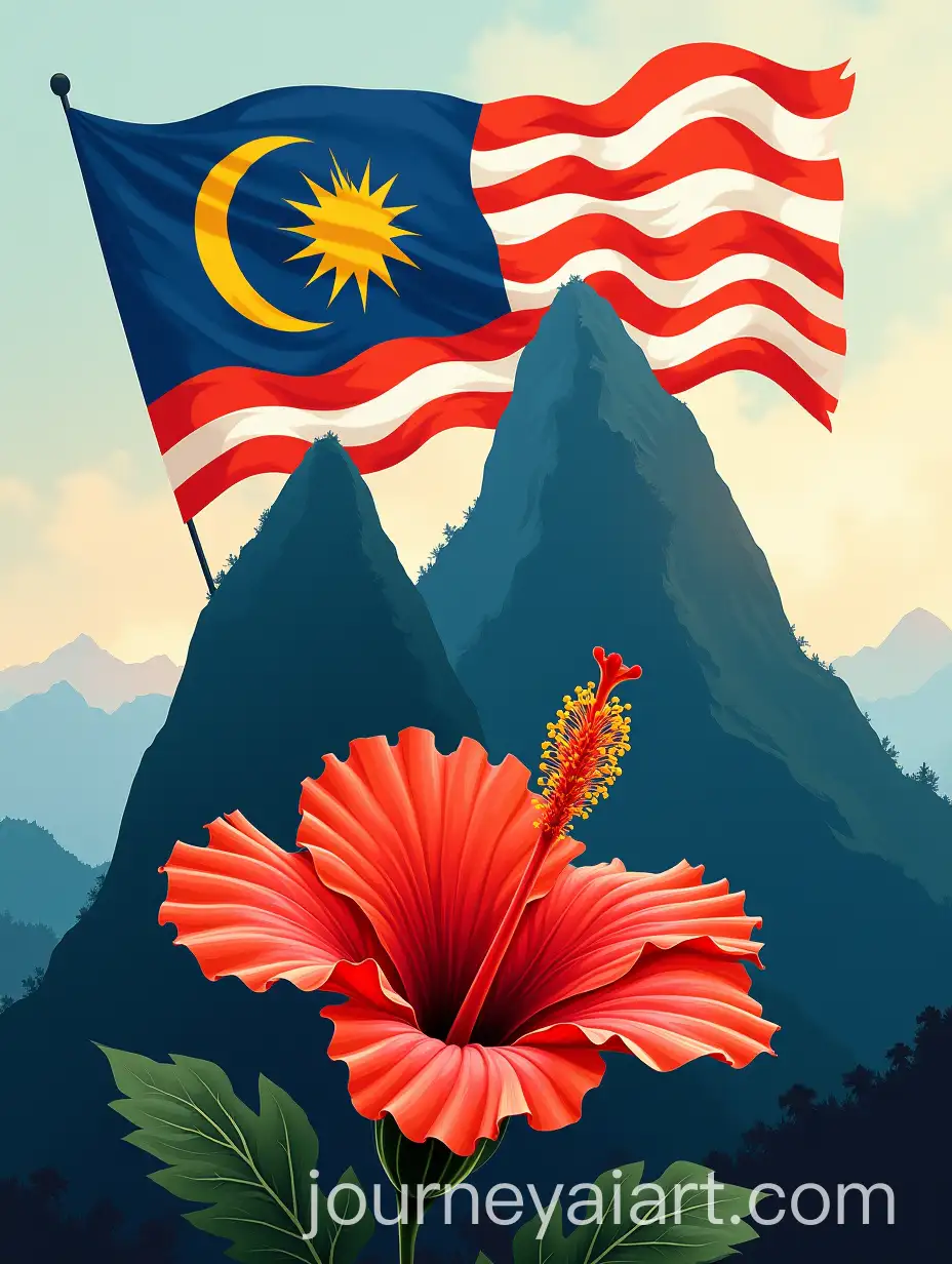 Malaysian-Flag-on-DoubleHeaded-Mountain-with-Hibiscus-Flower
