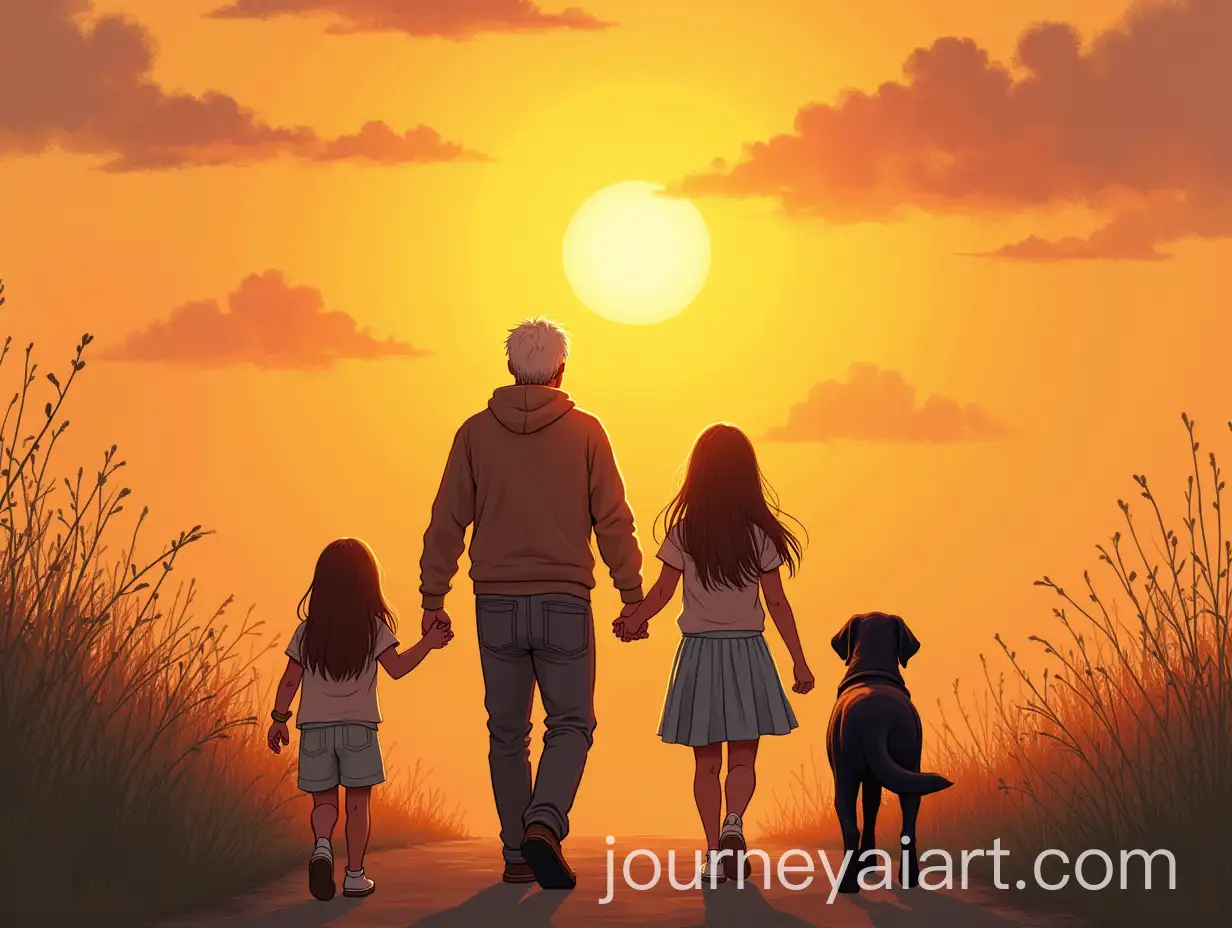 Family-Bonding-Father-and-Daughters-Stroll-at-Sunset