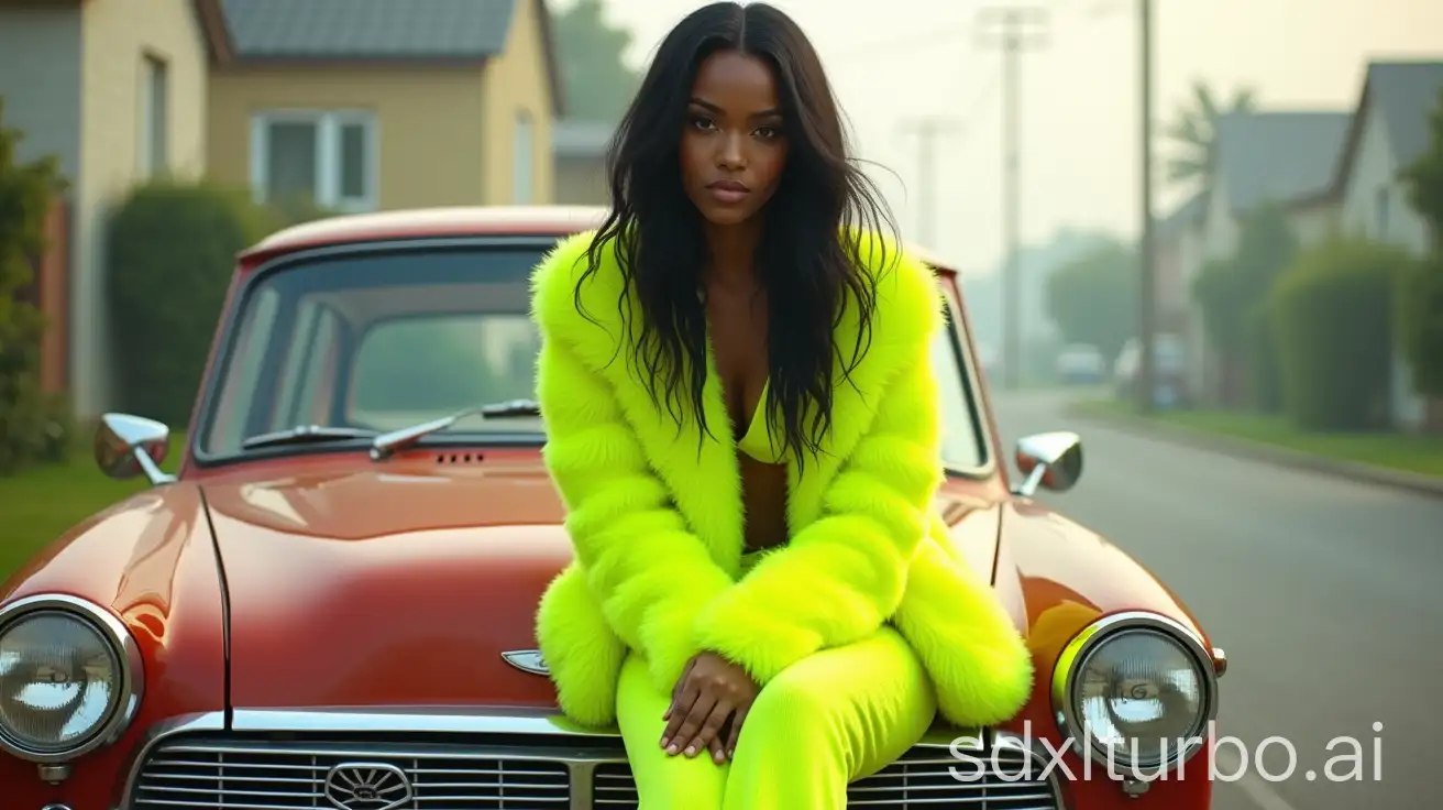 Young-Woman-in-Vintage-Car-with-Neon-Outfit