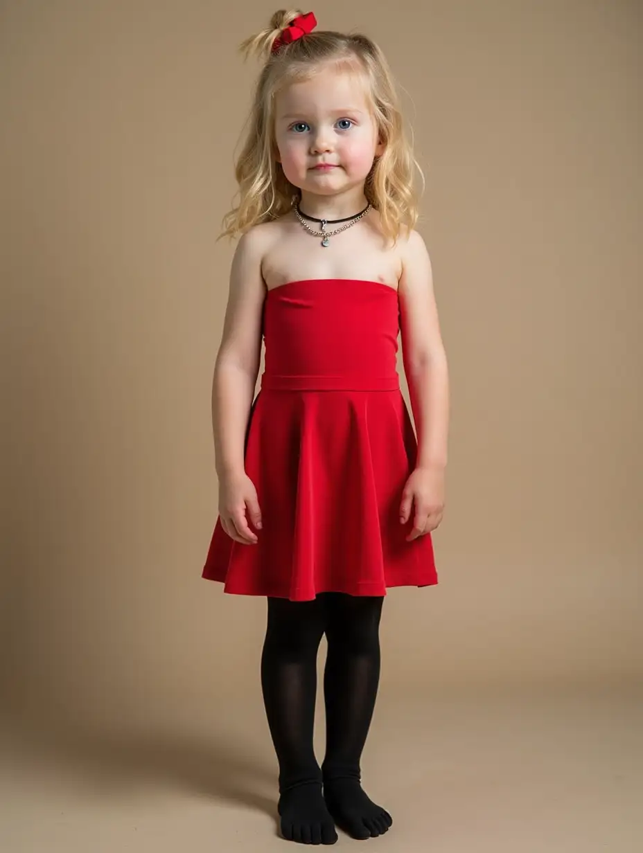 Adorable-Blonde-Girl-in-Red-Strapless-Dress-and-Choker-Necklace-at-Preschool