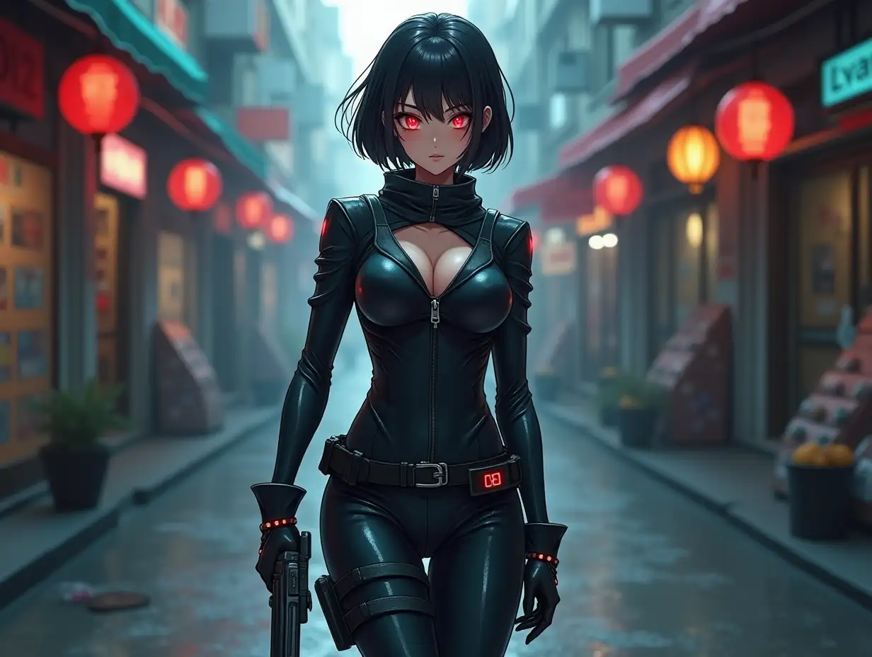 Short hair, mature Asian woman thief cyber runner in a dynamic full-length pose, eyes with red electronic pupils, large breast, extreme skintight body glove zipped down with cleavage, combat boots and combat belt. Full view of her body from boots up, low wide angle. Future store filled city alley street. Anime