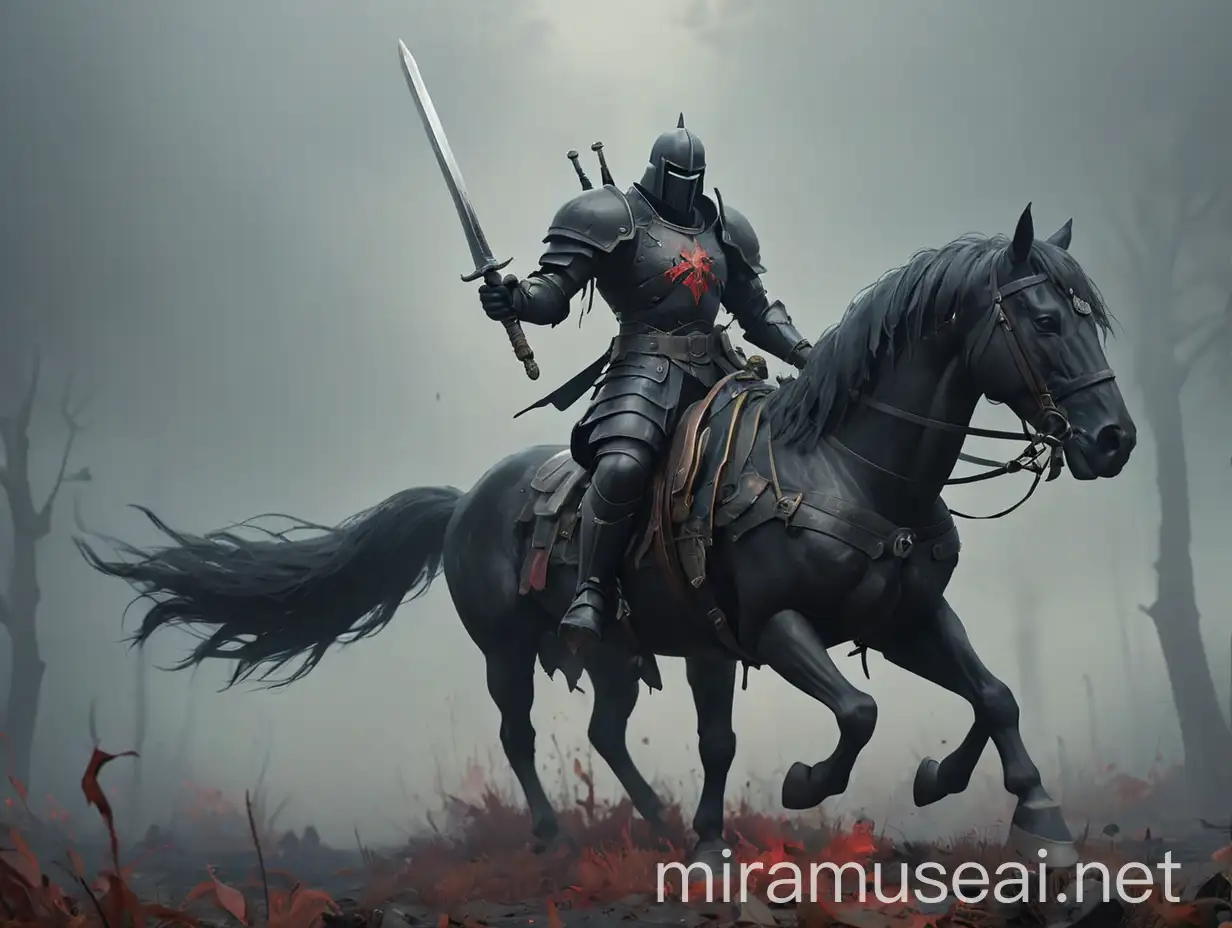 Necro Black Knight on Black Horse in Battle Position on Foggy Battlefield