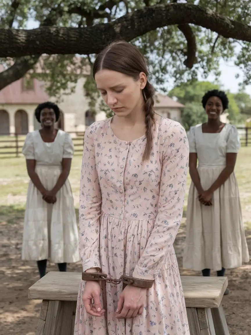 Sad Woman in 1800s Texas Ranch with AfroAmerican Slaves