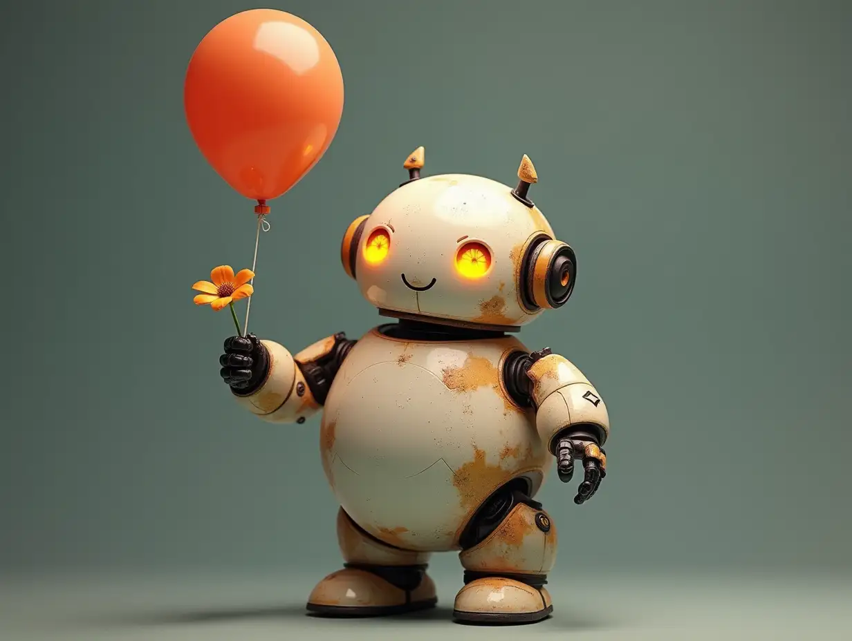 A round, chubby robot with bright LED eyes and blunt arms, holding a balloon in one hand and a tiny flower in the other