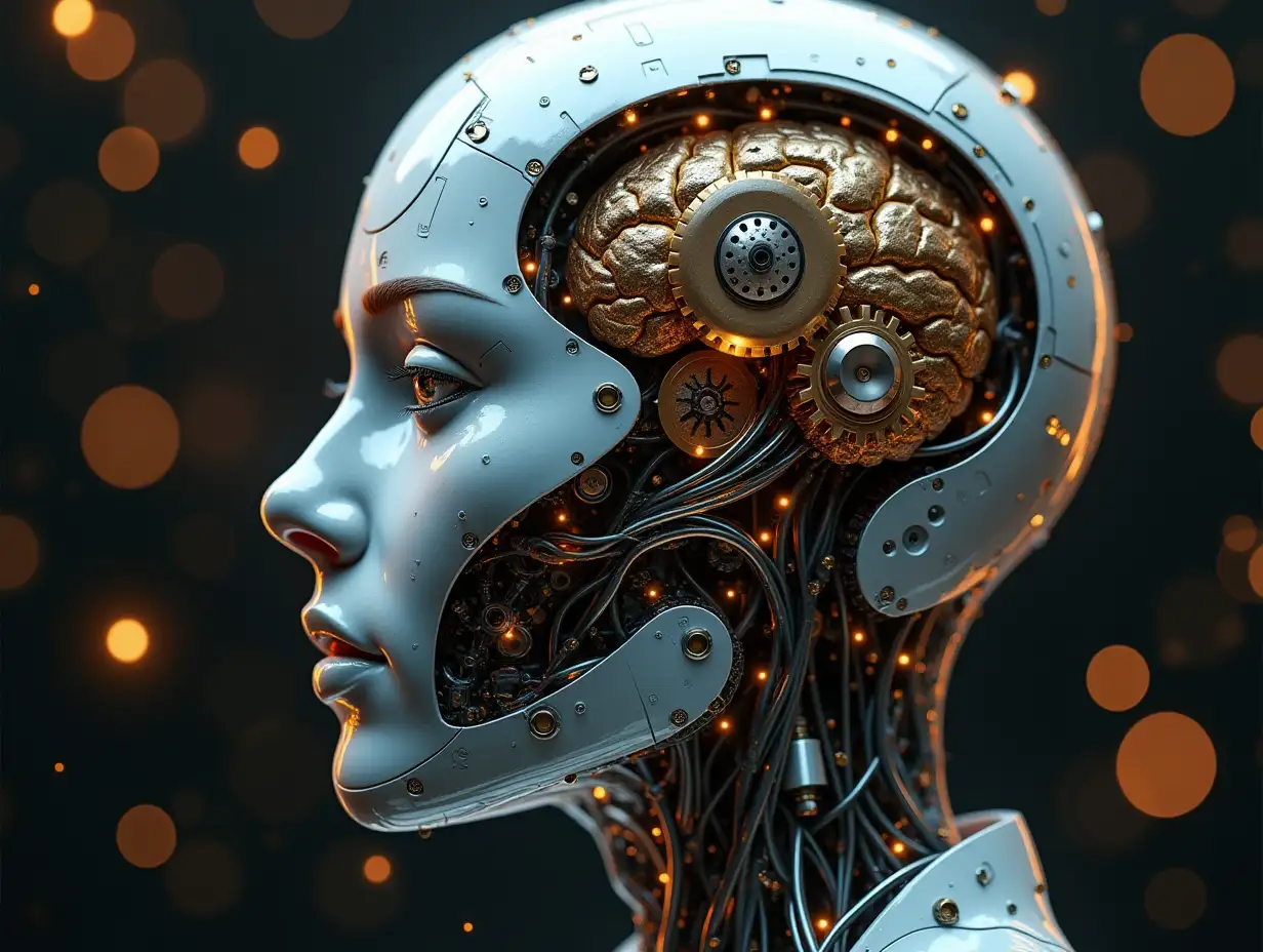 Create a high-resolution, realistic image of an artificial intelligence with gears on the cheeks and a glass head with visible silver brain with many gears, fiber optic cable bundles at the neck, LED light face 3d 4k resolution with background gold and silver ornaments background 