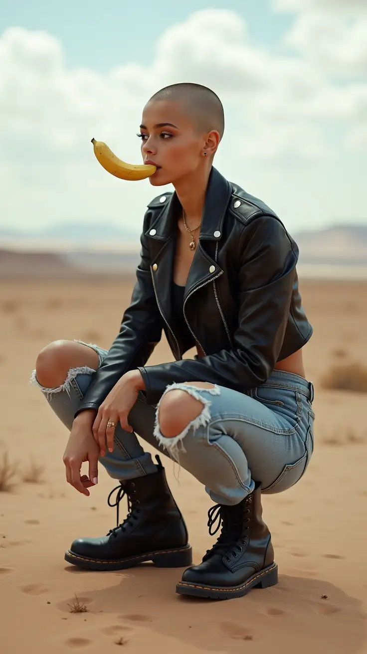 15YearOld-Girl-in-Desert-Power-Squat-Pose-with-Banana-Stylish-Outfit