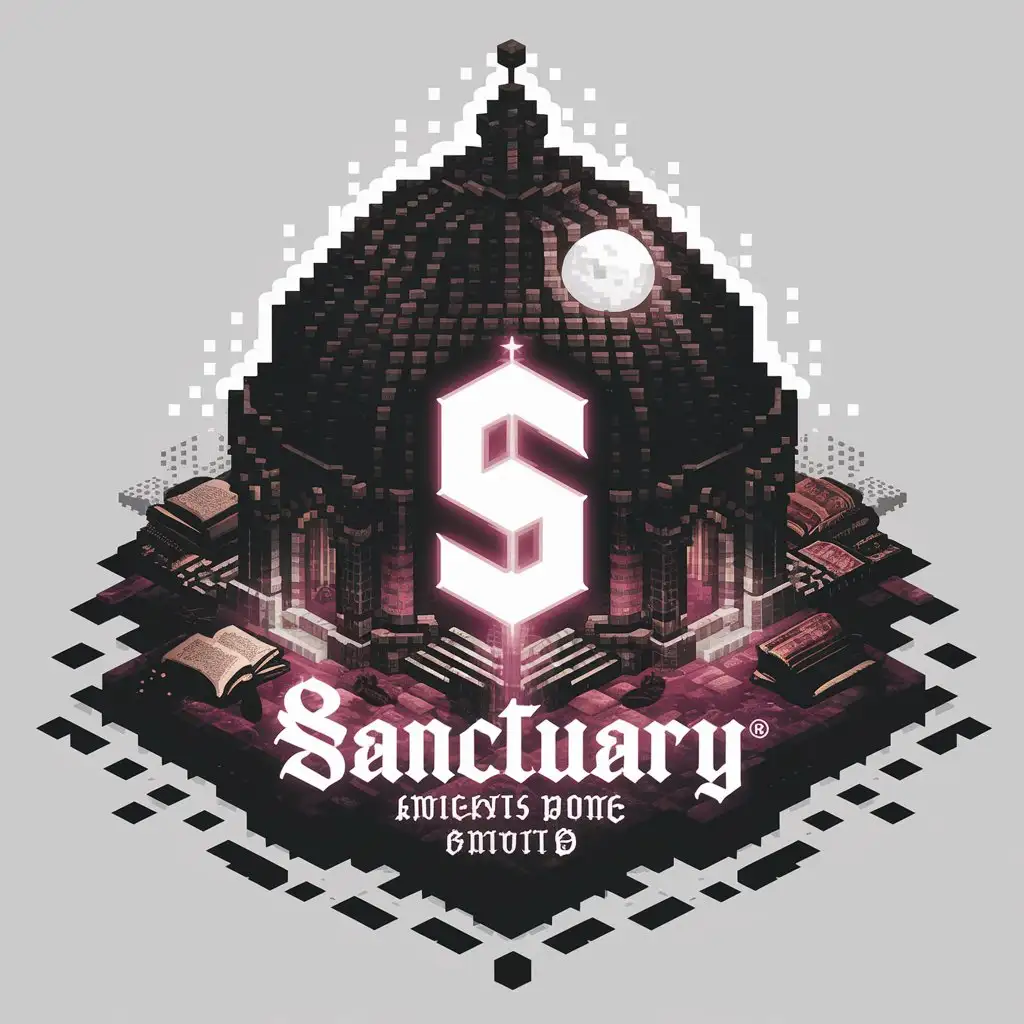 Нужен логотип к слову "Sanctuary". Он должен связан быть с игрой майнкрафт. Какой нибудь купол или купол мира в свете луны. По середине должна быть светл/imgая буква "S". Всё пиксельное и кубическое. Магия. Средневековье. Буквы. Книга. Красиво. Березовые тёмные тона. Белый цвет.