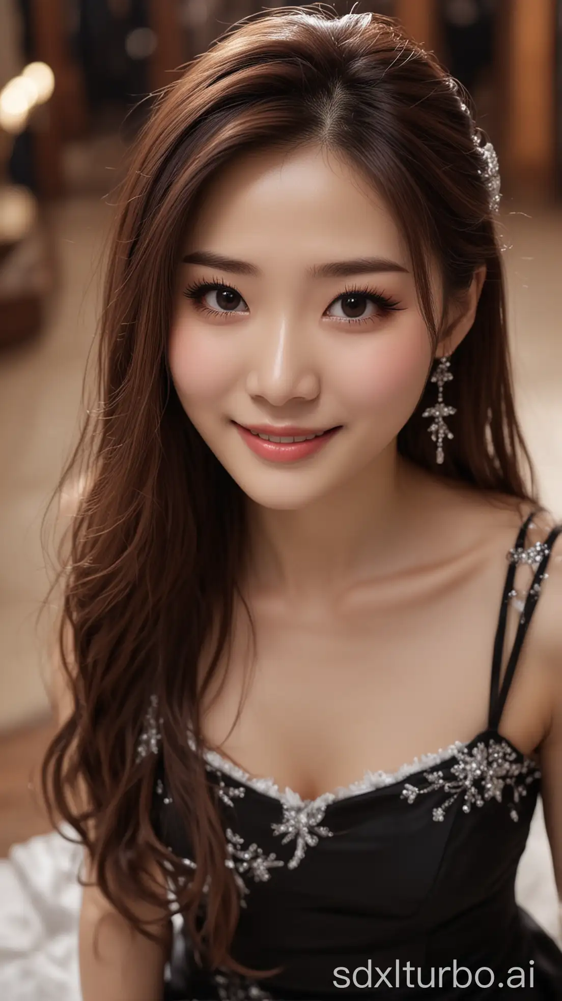 Chinese-Woman-in-TightFitting-Dress-Smiling-at-Winter-Night-Ballroom