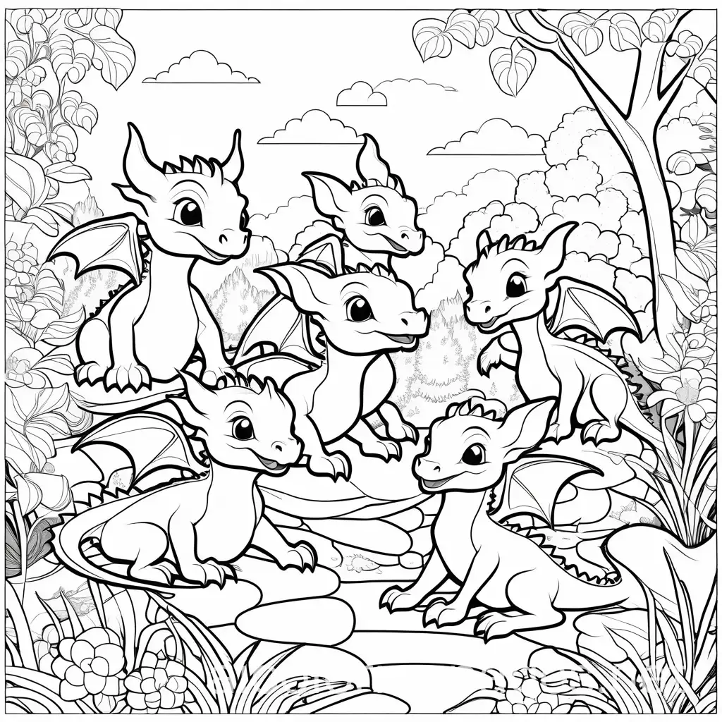 Charming-Baby-Dragons-Playing-Tag-in-a-Garden-Coloring-Page