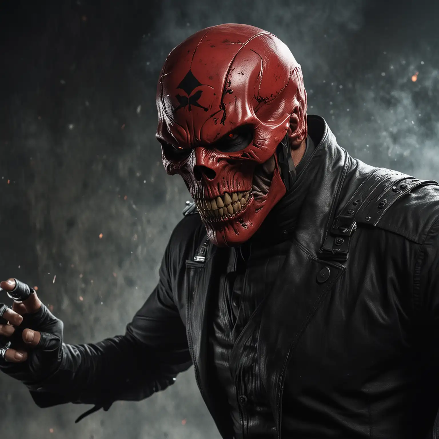 the evil red skull in a black outfit, faces off against, in dynamic combat stance facing right, intense expressions on his faces