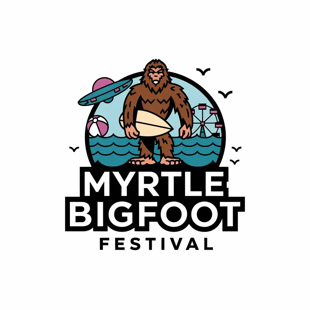 LOGO Design for Myrtle Beast Bigfoot Festival Bigfoot Surfboard Ocean Ferris Wheel Beachball UFO Theme