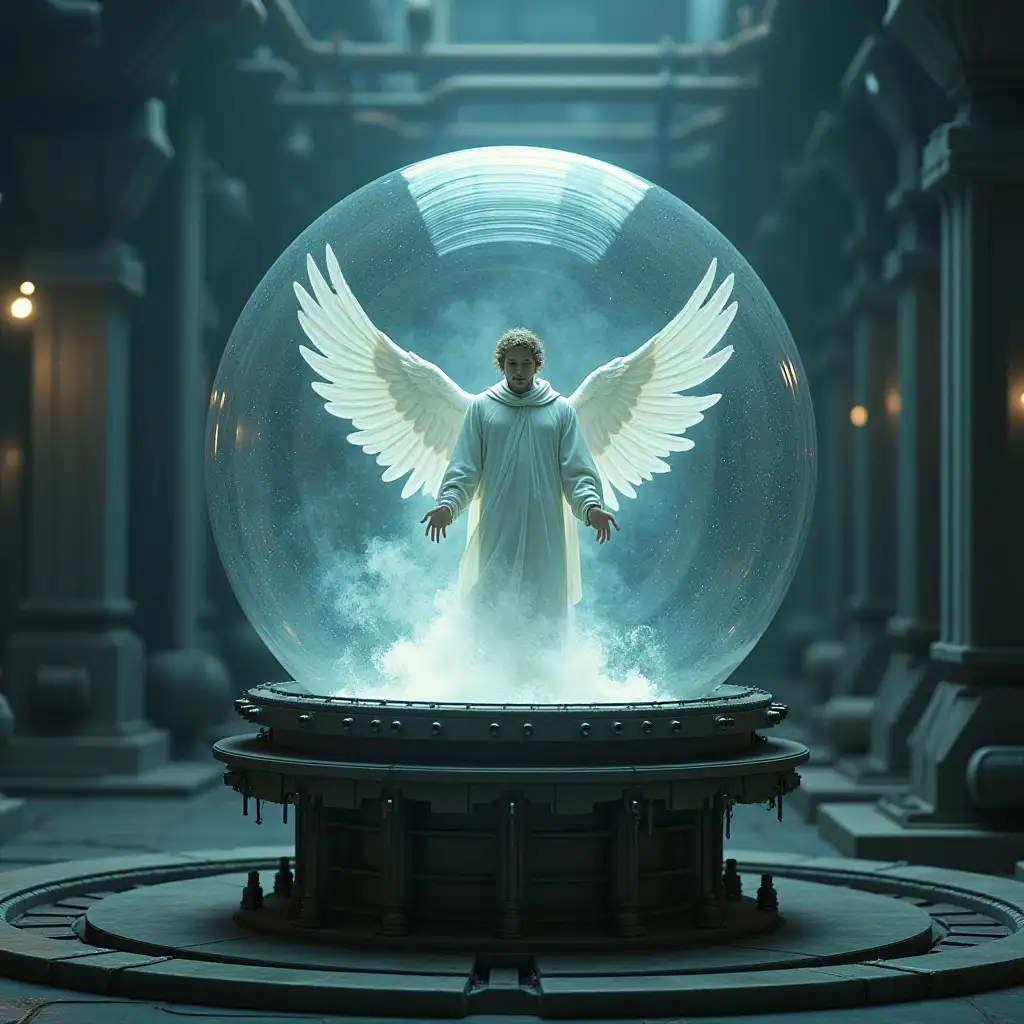 A giant glass sphere on a large rotating machine with a male angel inside with extraordinary power against a laboratory background