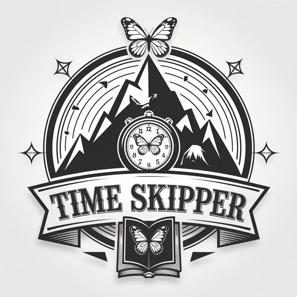 LOGO-Design-for-Time-Skipper-Vector-Design-Featuring-Mountain-Butterfly-Watch-and-Book-with-Clear-Background